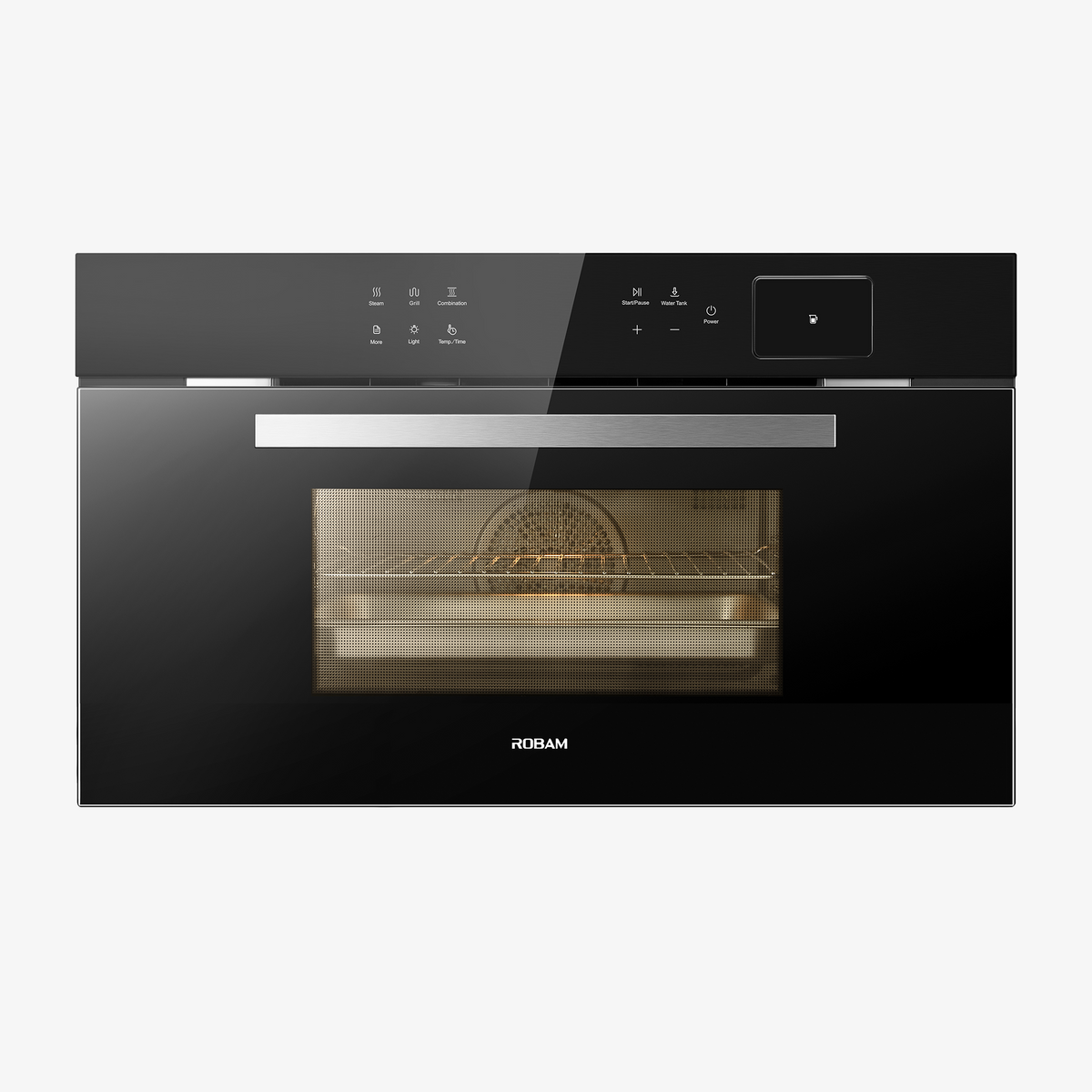 Black glass built-in combi steam oven with touch control panel and open door