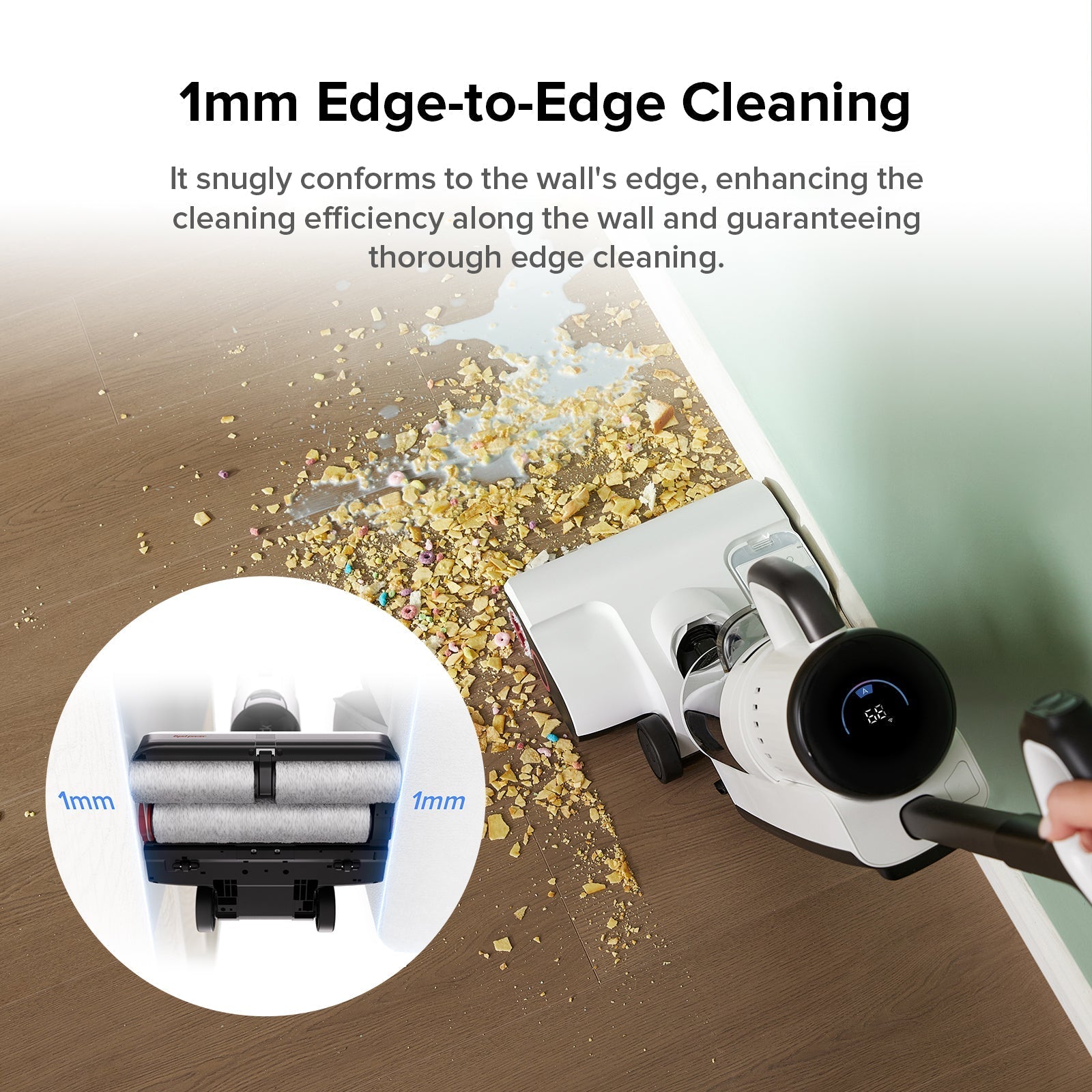 Edge-to-edge cleaning floor head with 1mm cleaning profile and side brush