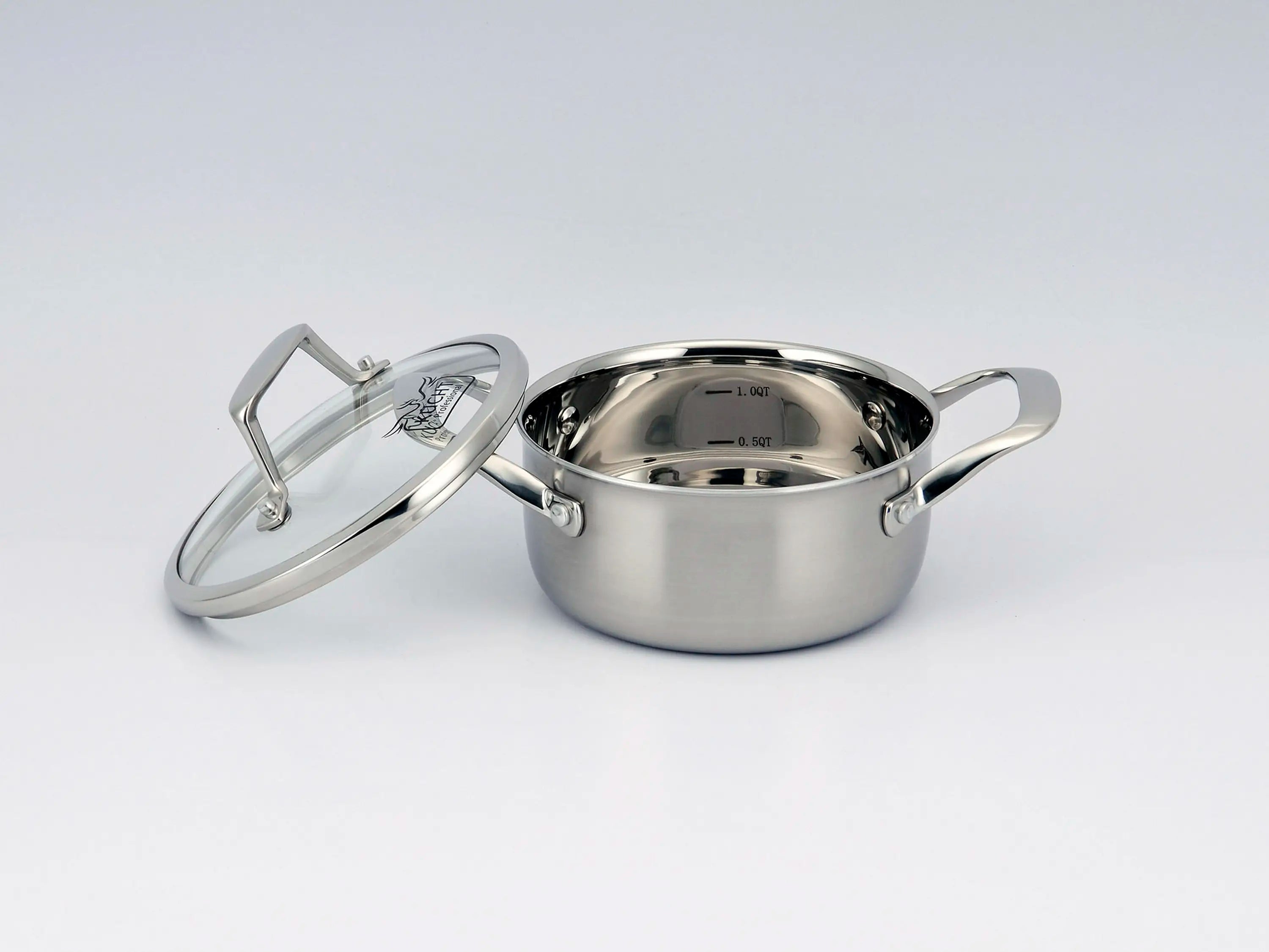 Stainless steel saucepan with lid and long handle, polished interior