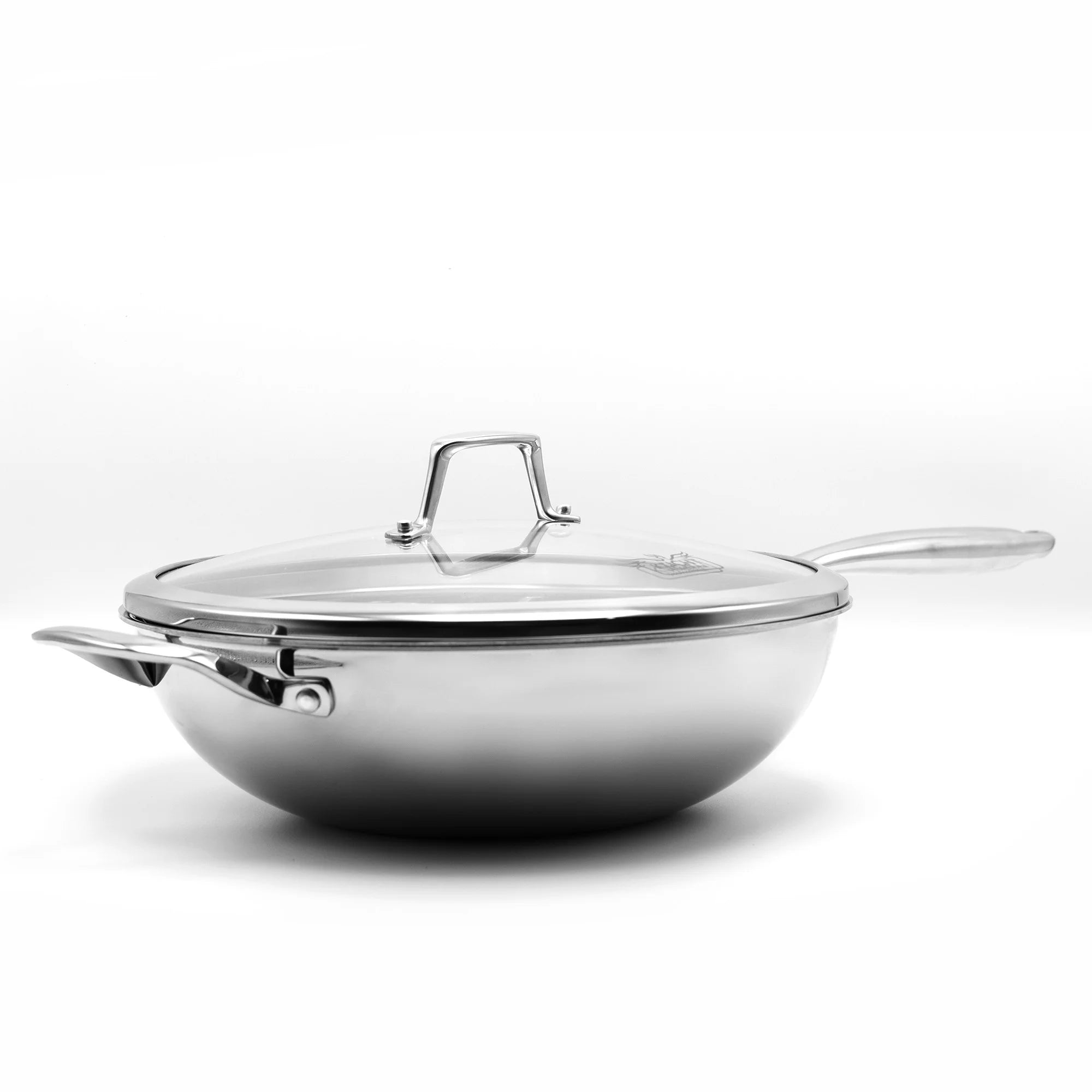 Stainless steel 3-ply wok with lid, side view, short loop handles