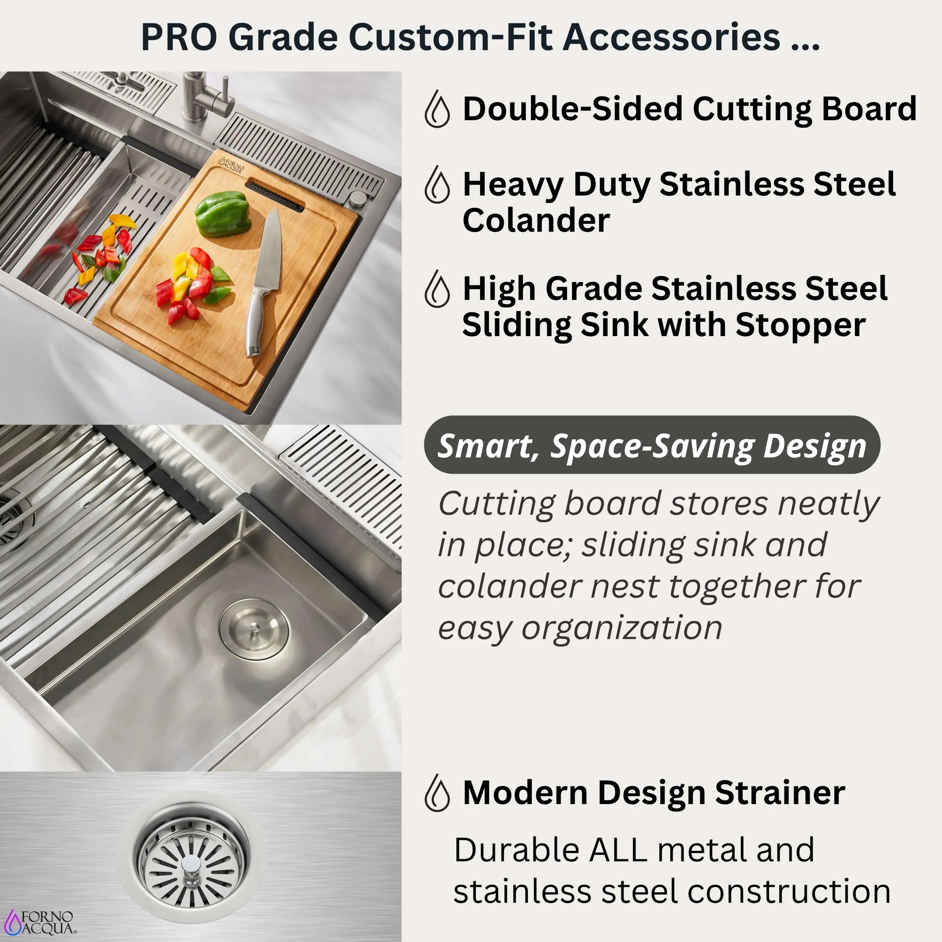 Stainless sink accessories set with cutting board, colander, and sliding sink insert