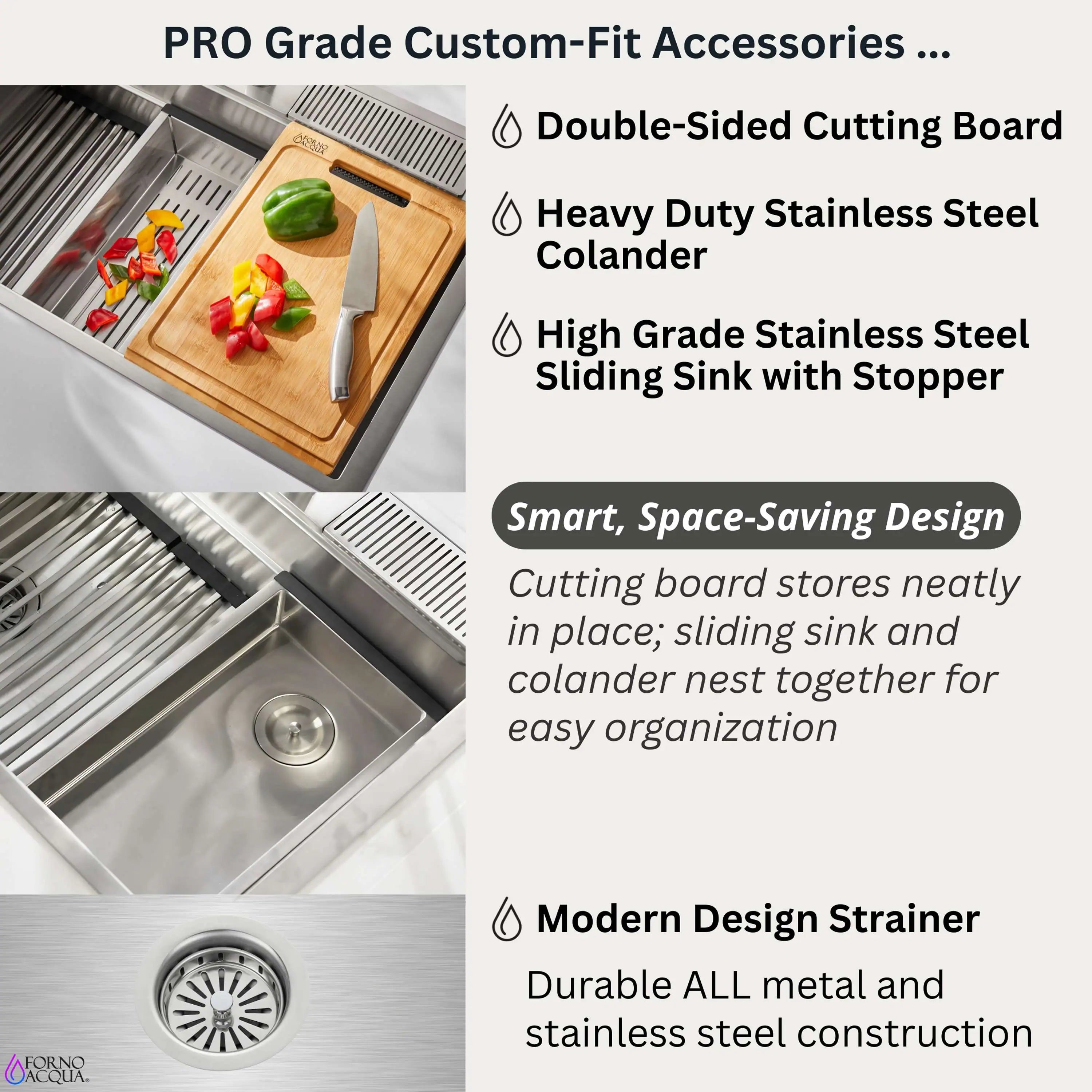 Stainless steel workstation sink with wooden double-sided cutting board and colander