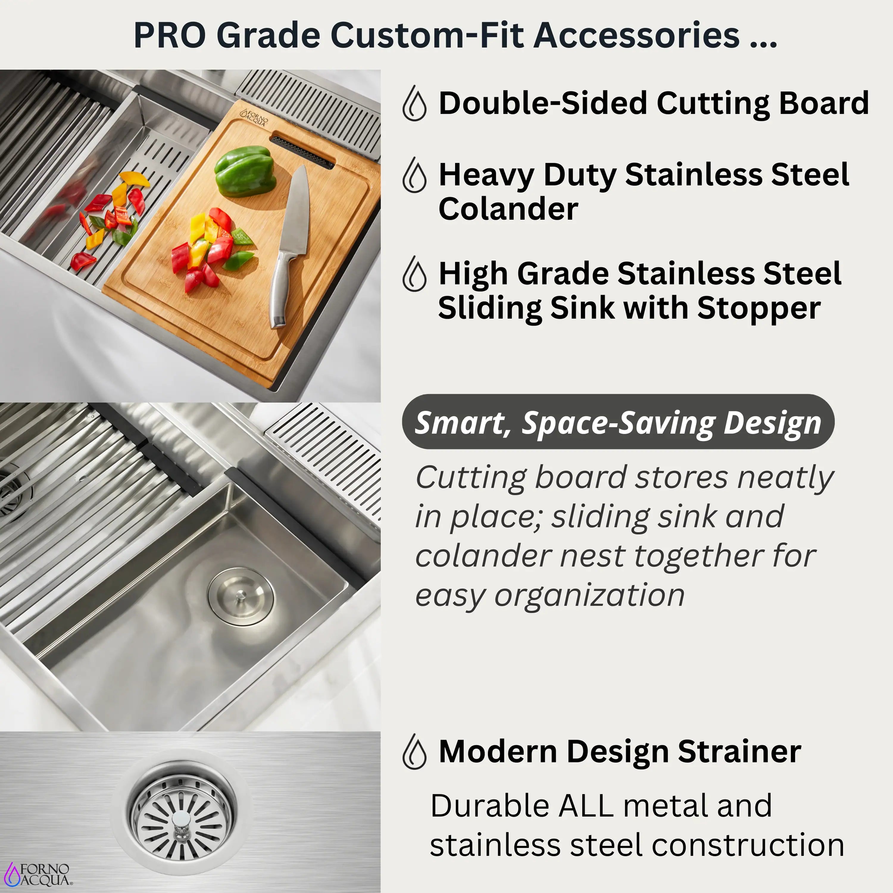 Stainless steel sink accessory set with double-sided cutting board, colander, and strainer
