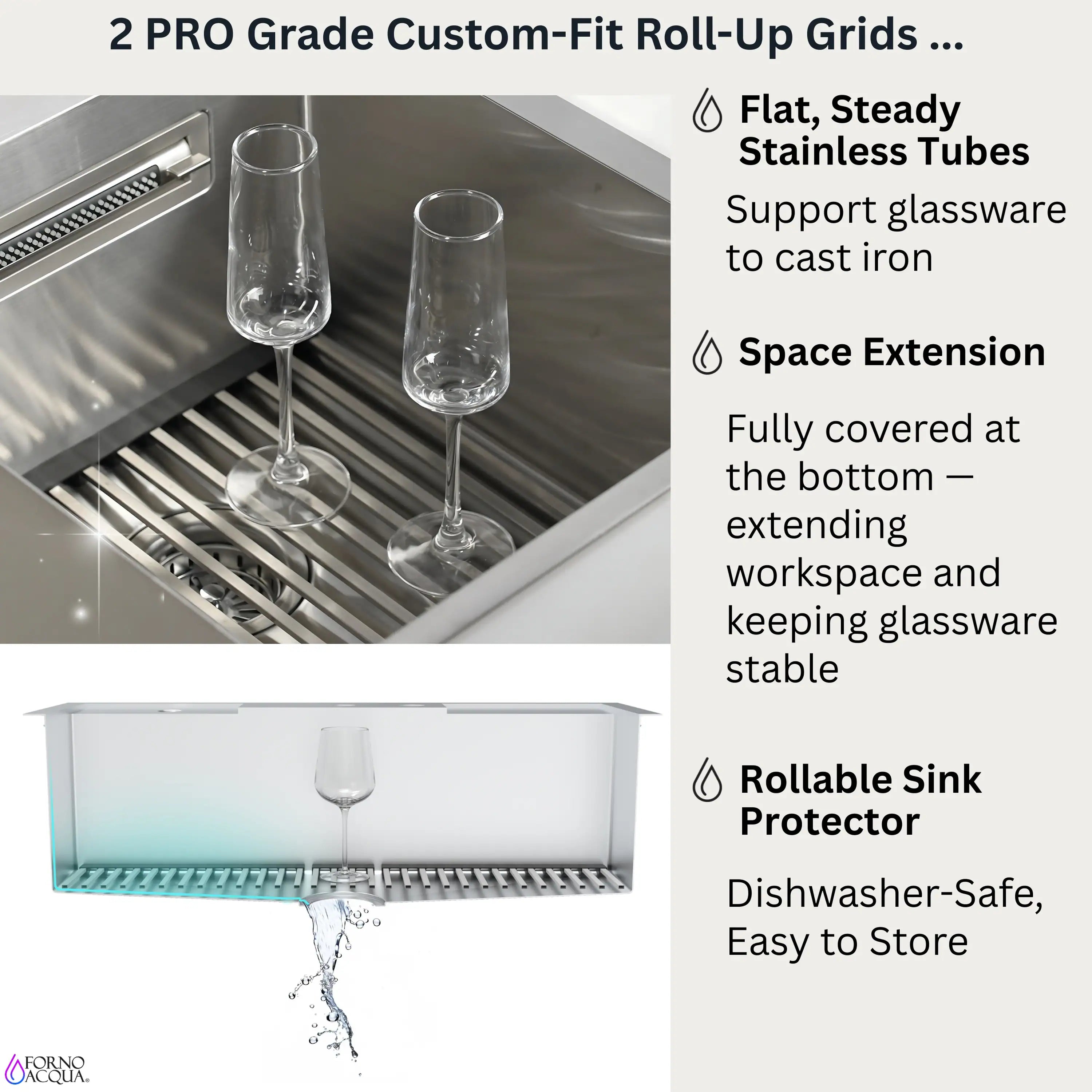 Stainless steel double-bowl sink with roll-up rack and drain grids