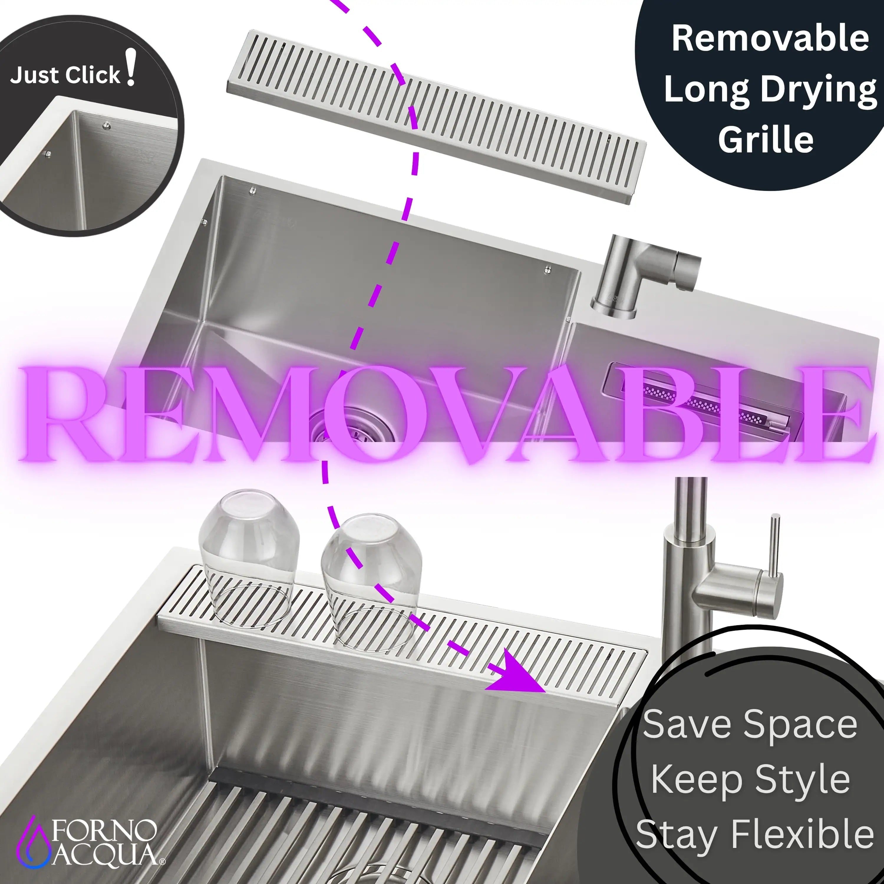 Stainless steel sink with removable long drying grille and retractable style drain openings