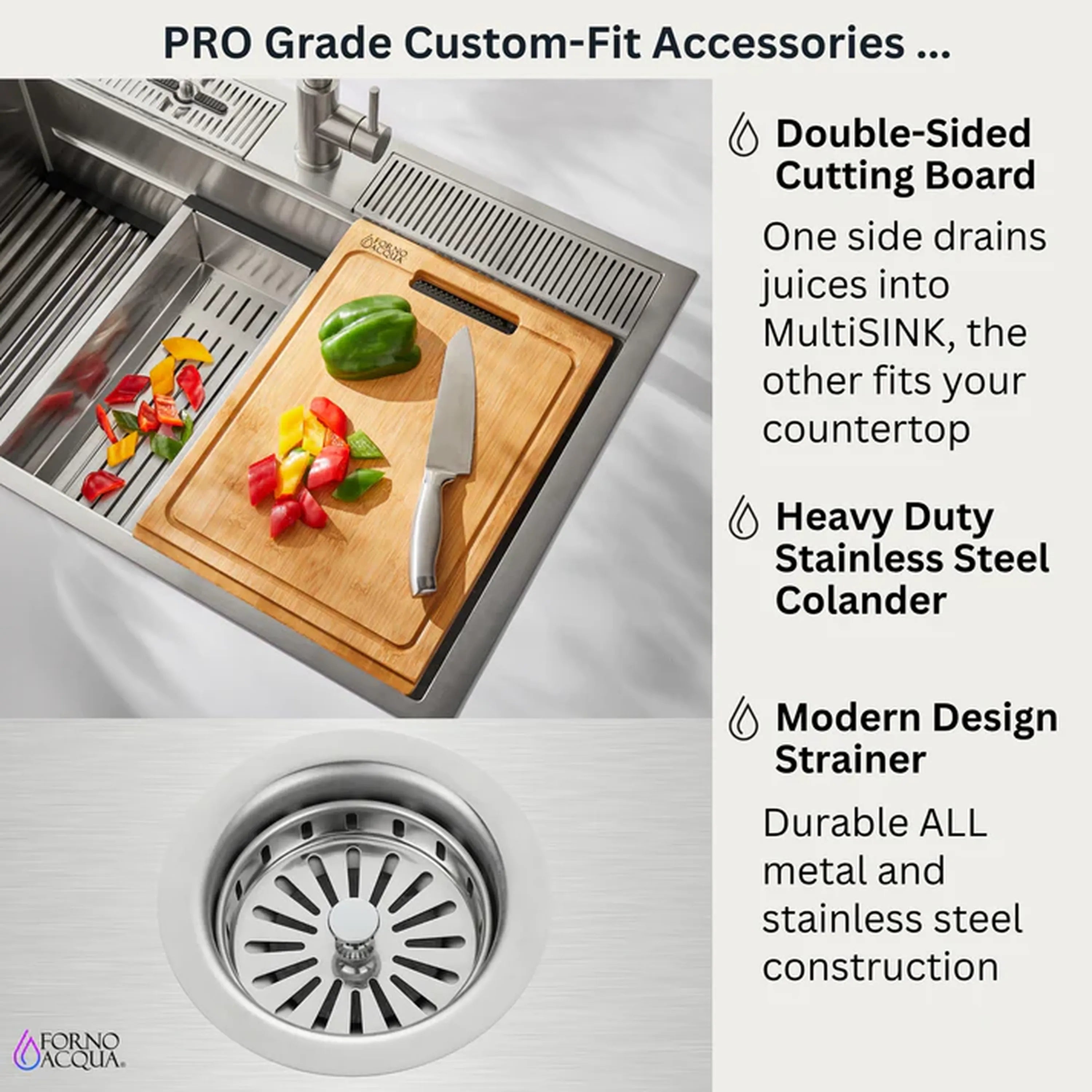 Workstation sink with wooden cutting board accessory, strainer, and glass-safe grids