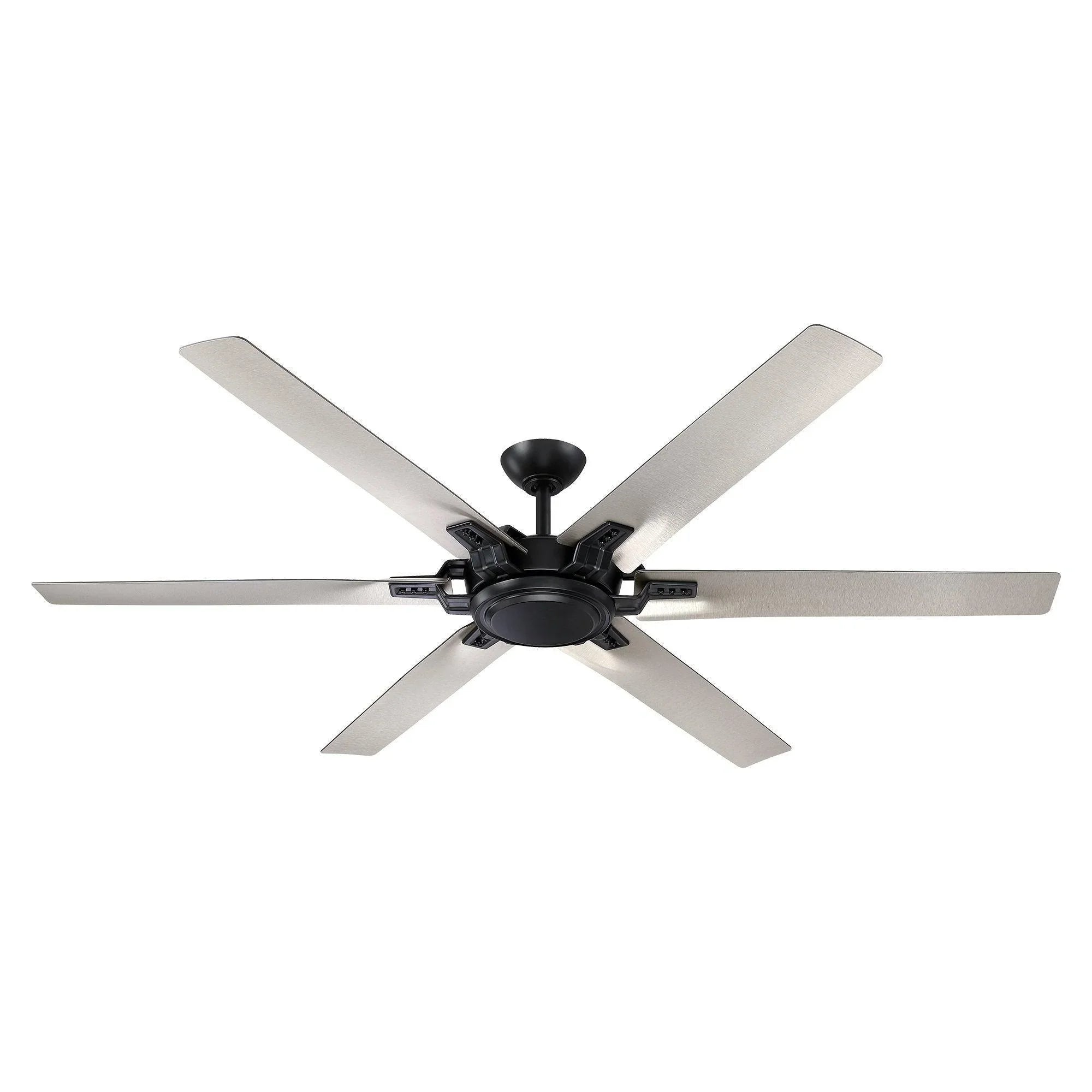 Black industrial ceiling fan with five light wood-toned blades and central motor housing