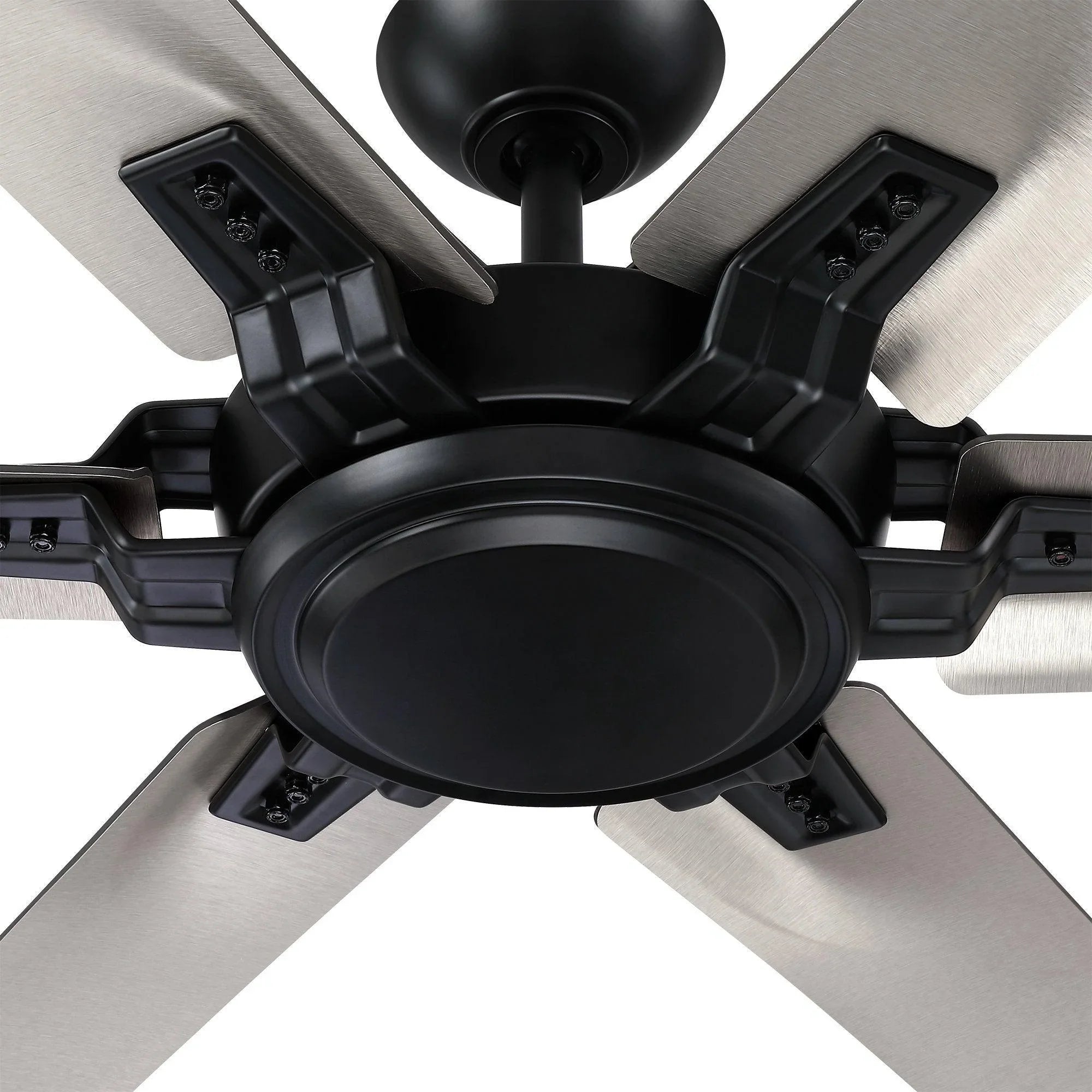 Black ceiling fan motor housing with five light wood-toned blades, viewed from below