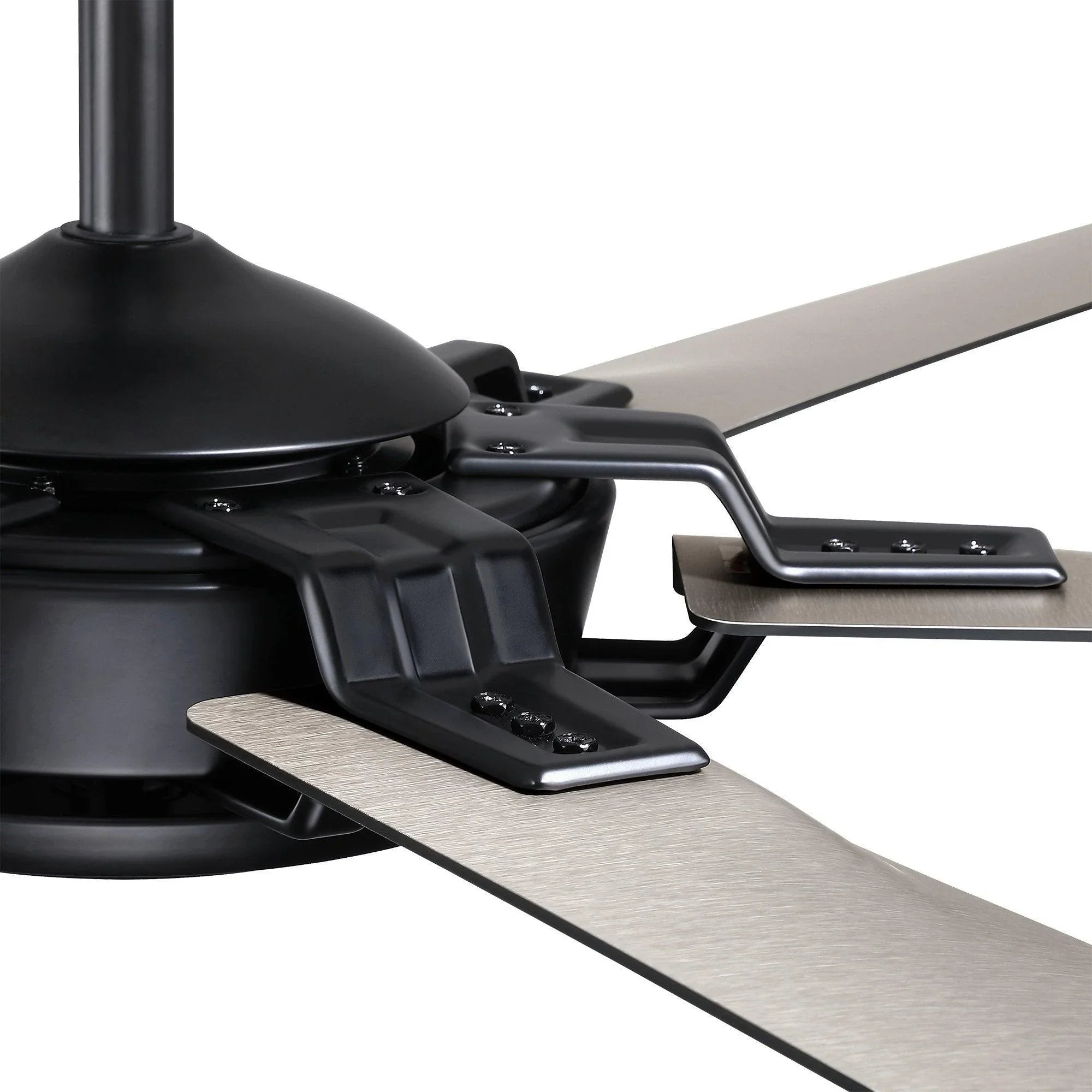 Black ceiling fan blade arm detail with light wood-toned blade