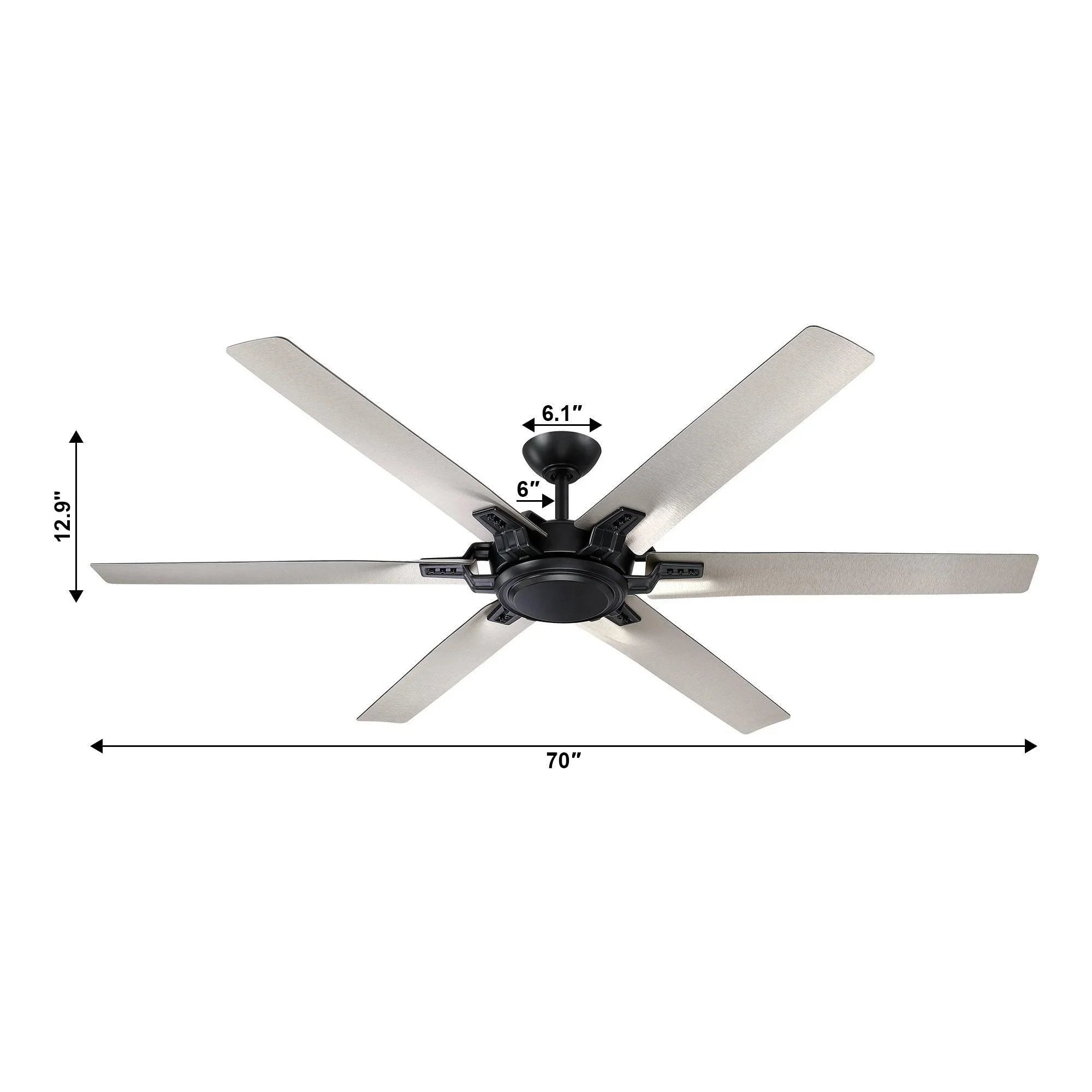 Ceiling fan size diagram: 70-inch diameter with five light wood-toned blades