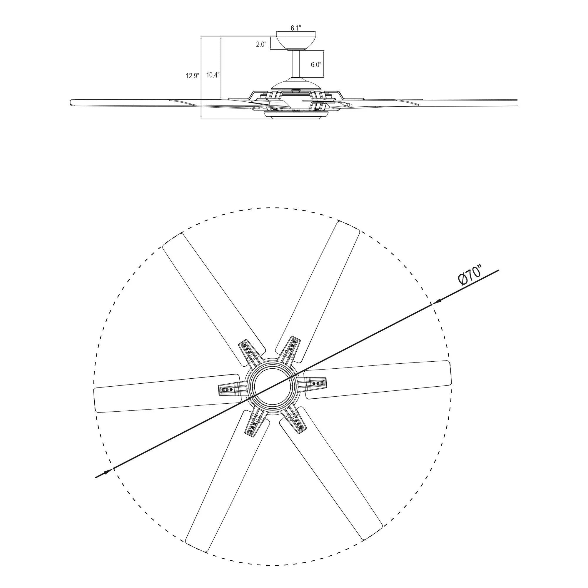 Ceiling fan blade layout diagram with five arms and central motor