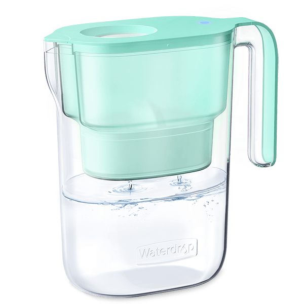 Turquoise water filter pitcher with hinged flip-top lid and built-in spout