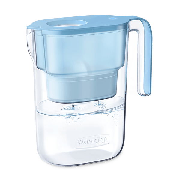 Sky blue water filter pitcher with hinged flip-top lid and built-in spout