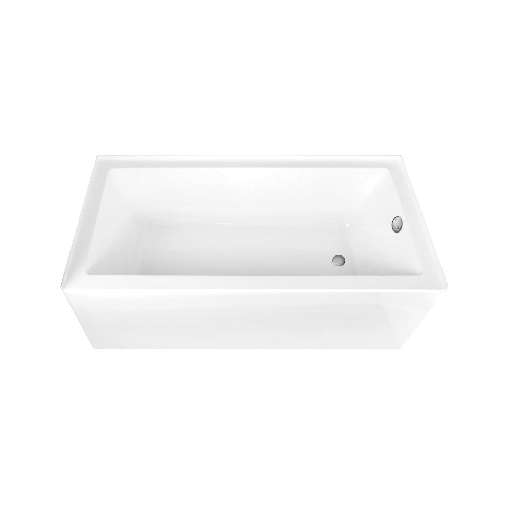 Glossy white rectangular acrylic alcove tub with right-side drain and overflow