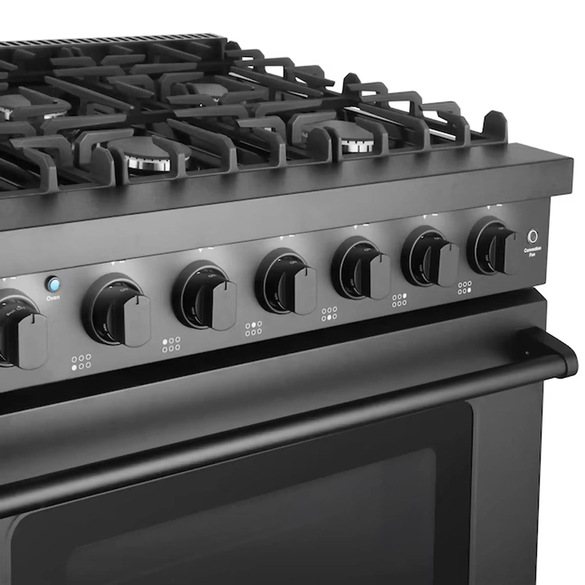 Matte black cooktop and front knob row with control icons and matte finish