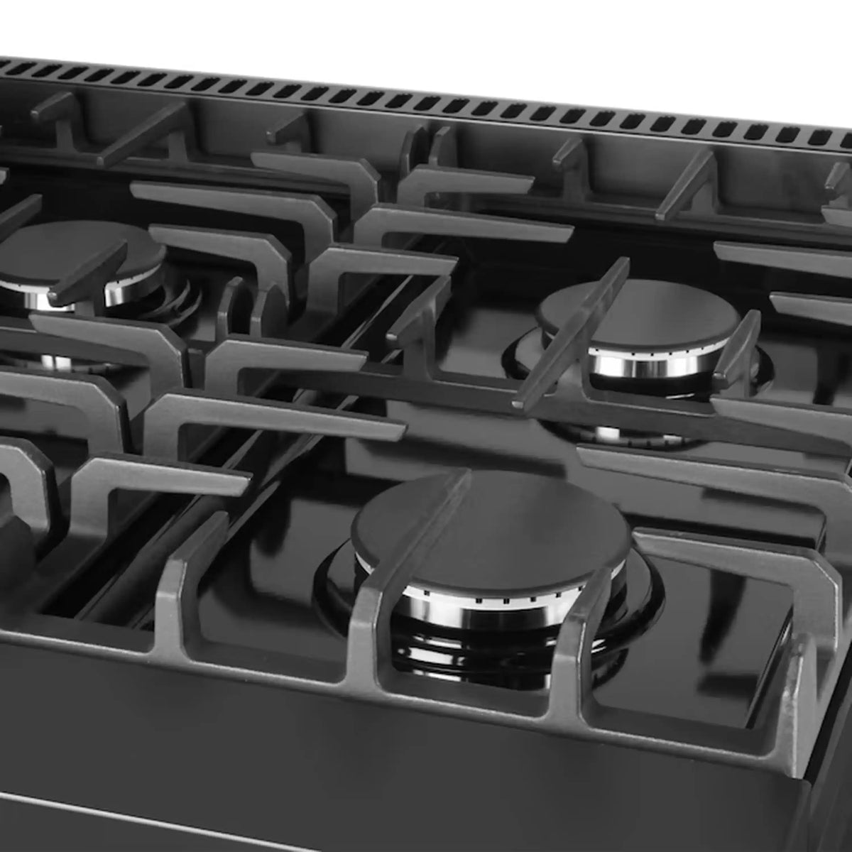 Matte black gas cooktop with four burners and cast-iron style grates