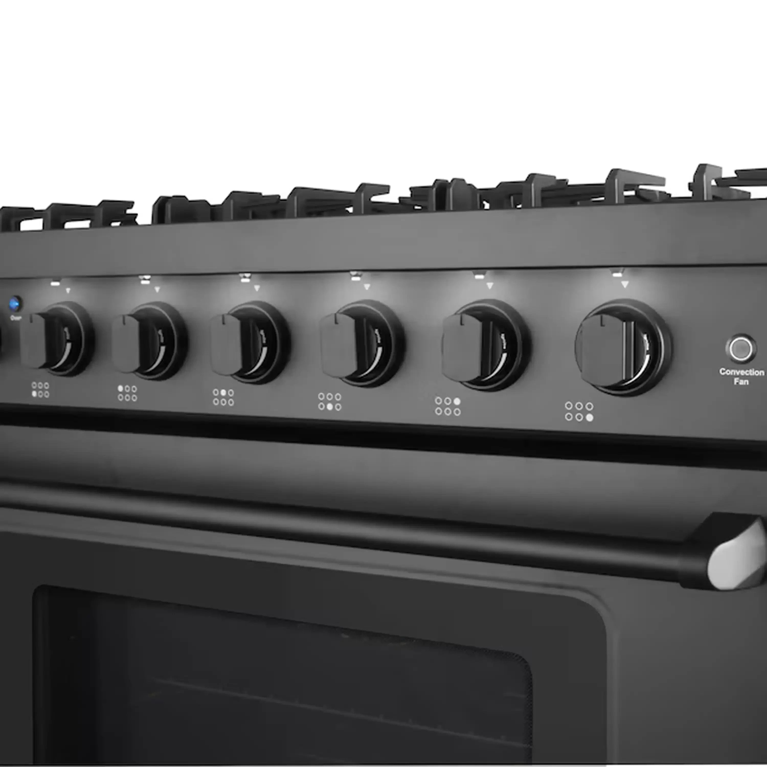 Matte black 36-inch gas range control panel with six front knobs and indicator lights