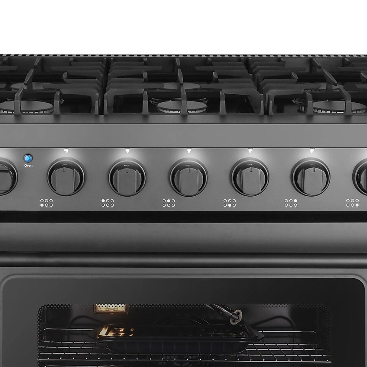 Matte black gas range cooktop with burners and front knob control strip