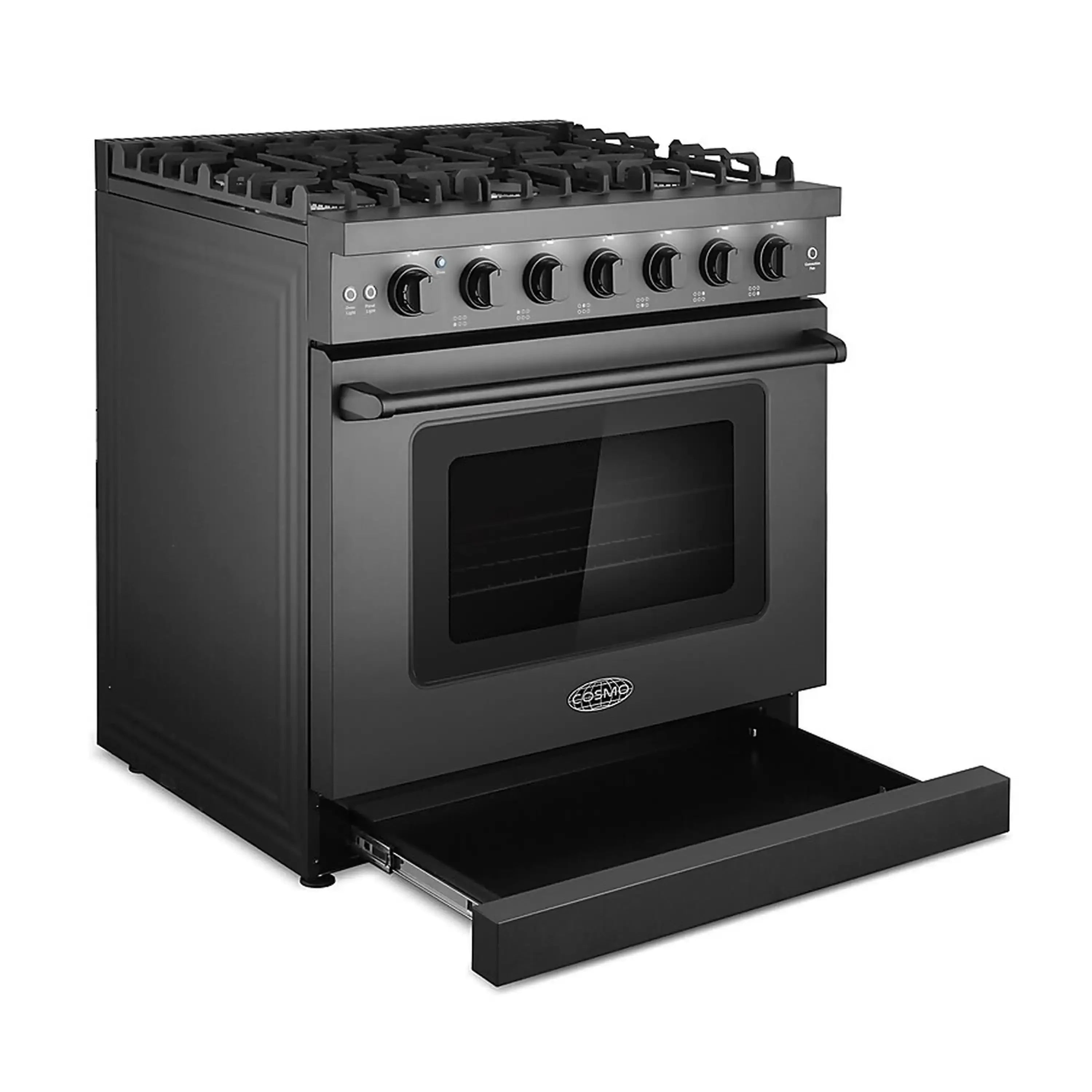 Matte black freestanding gas range with open oven door and control knobs
