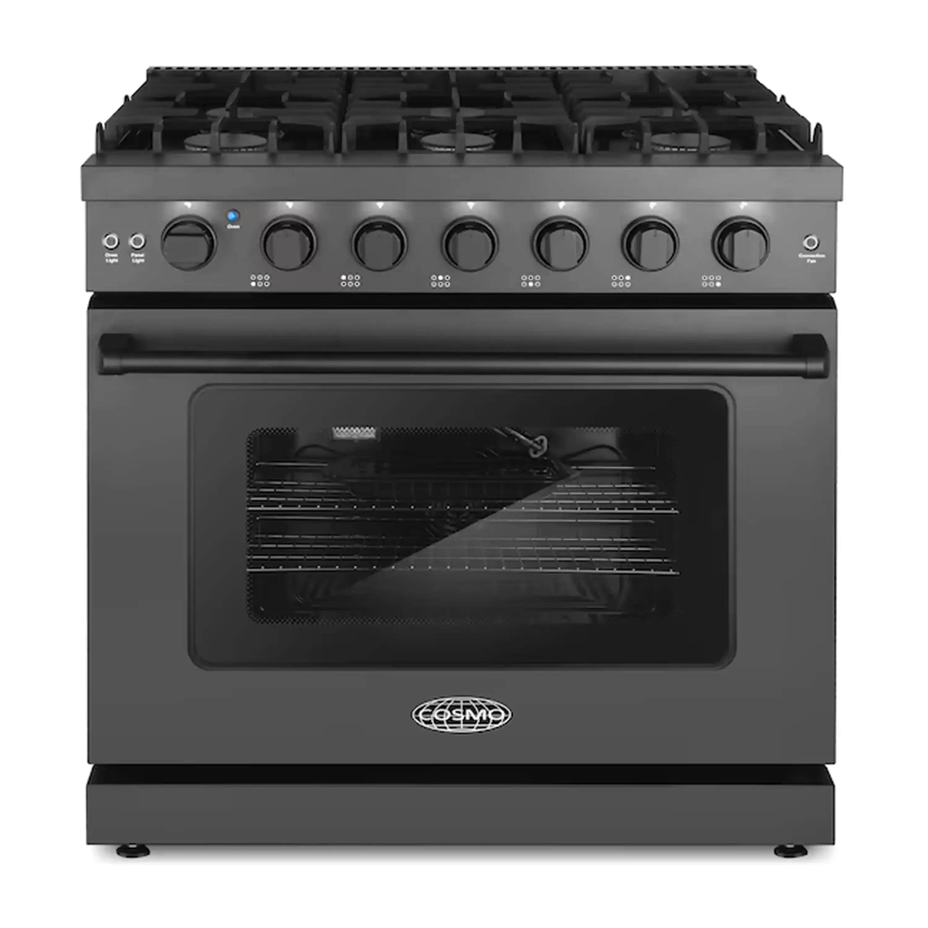 Matte black gas range with oven door window and front control knobs