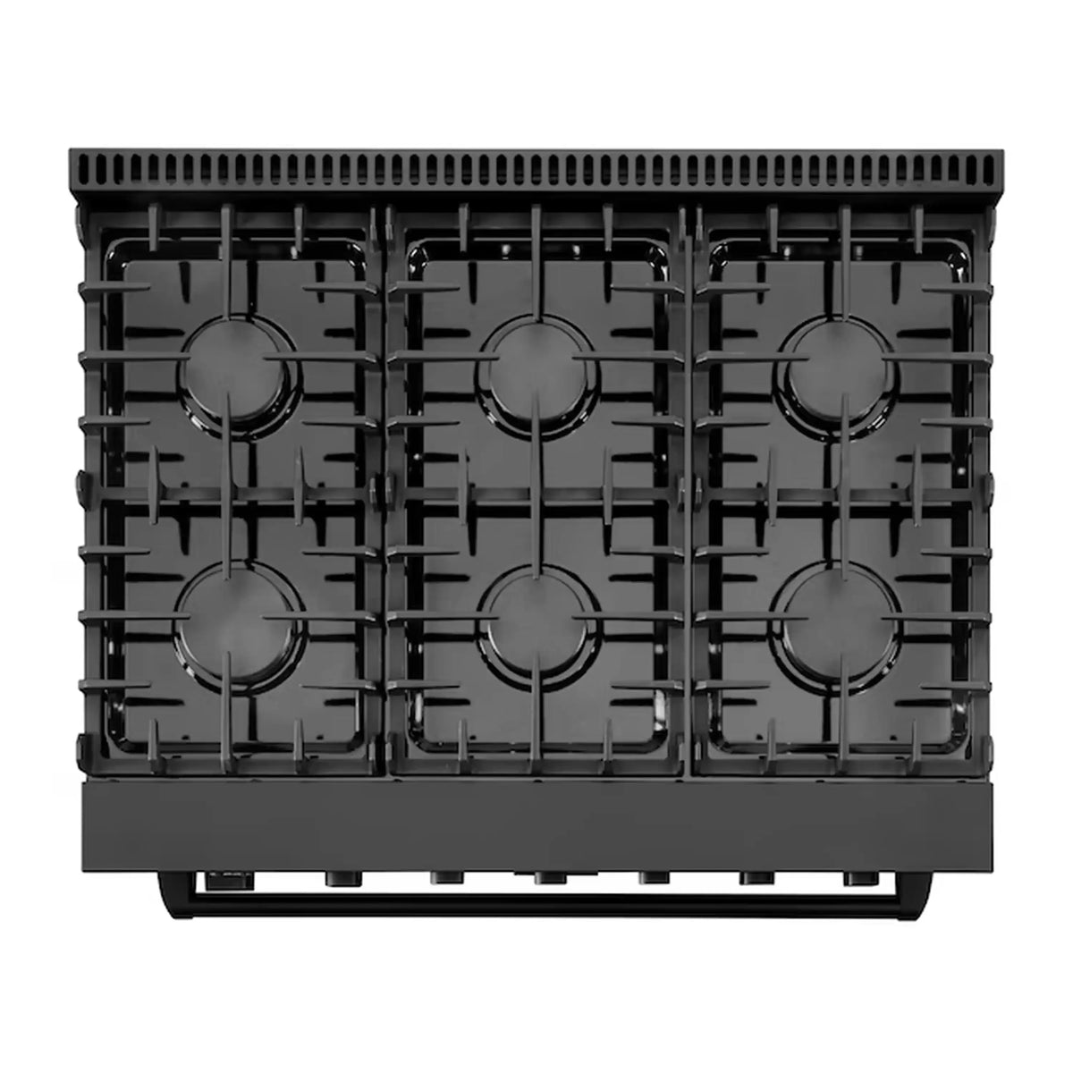 Matte black gas cooktop burner layout with six burner grates