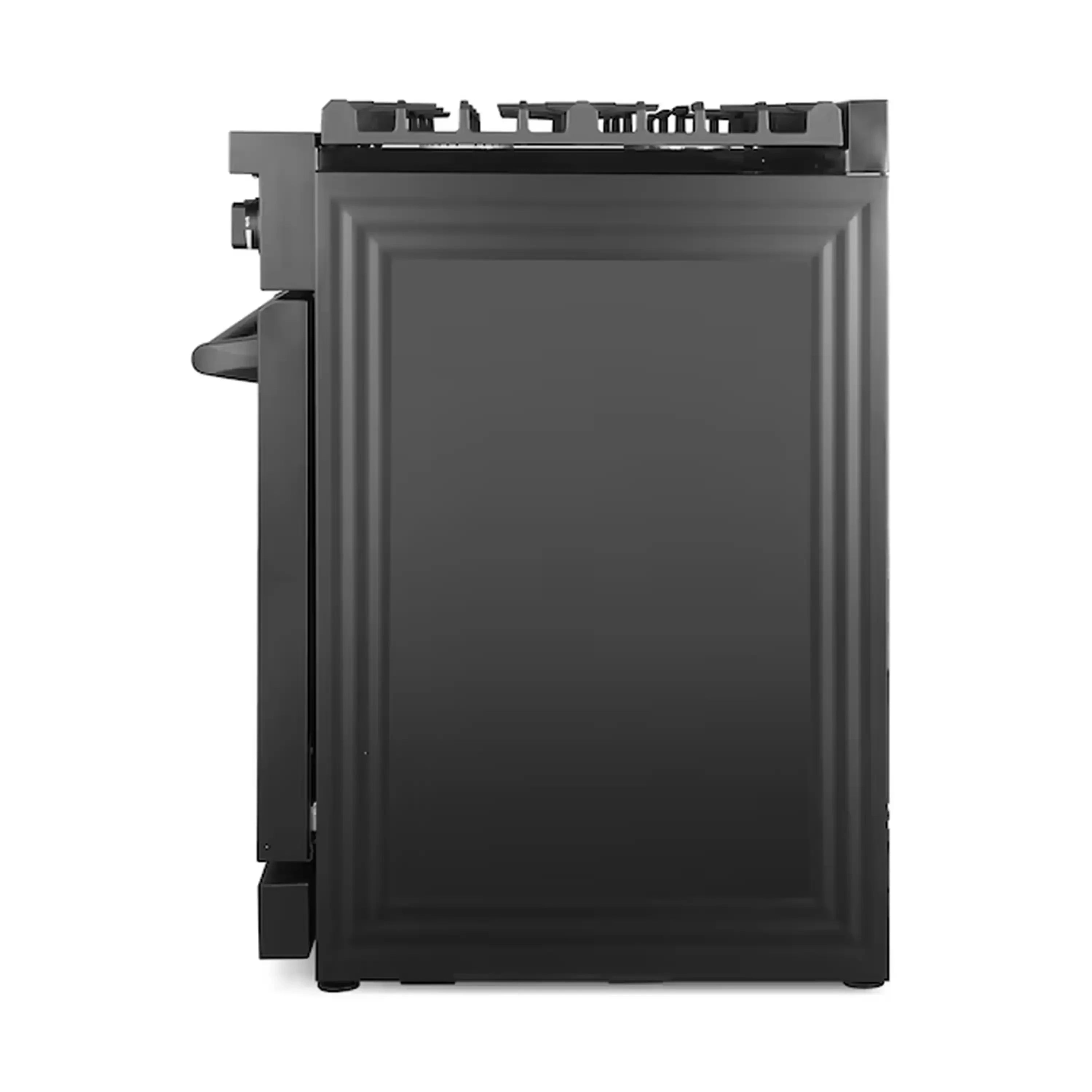 Matte black gas range rear-angled view with side panel and cooktop burners visible