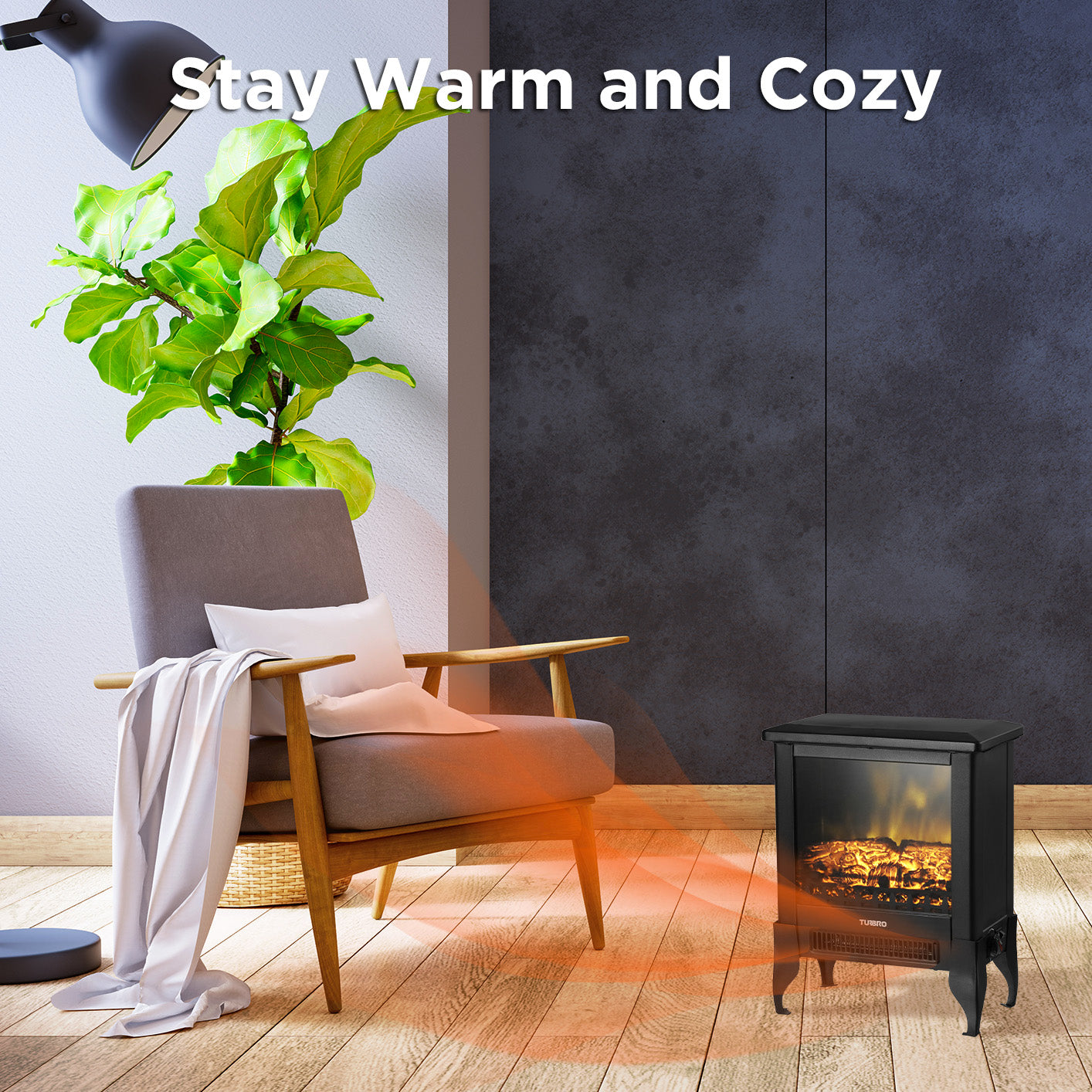 Black electric fireplace stove heater on floor with flame window beside a chair