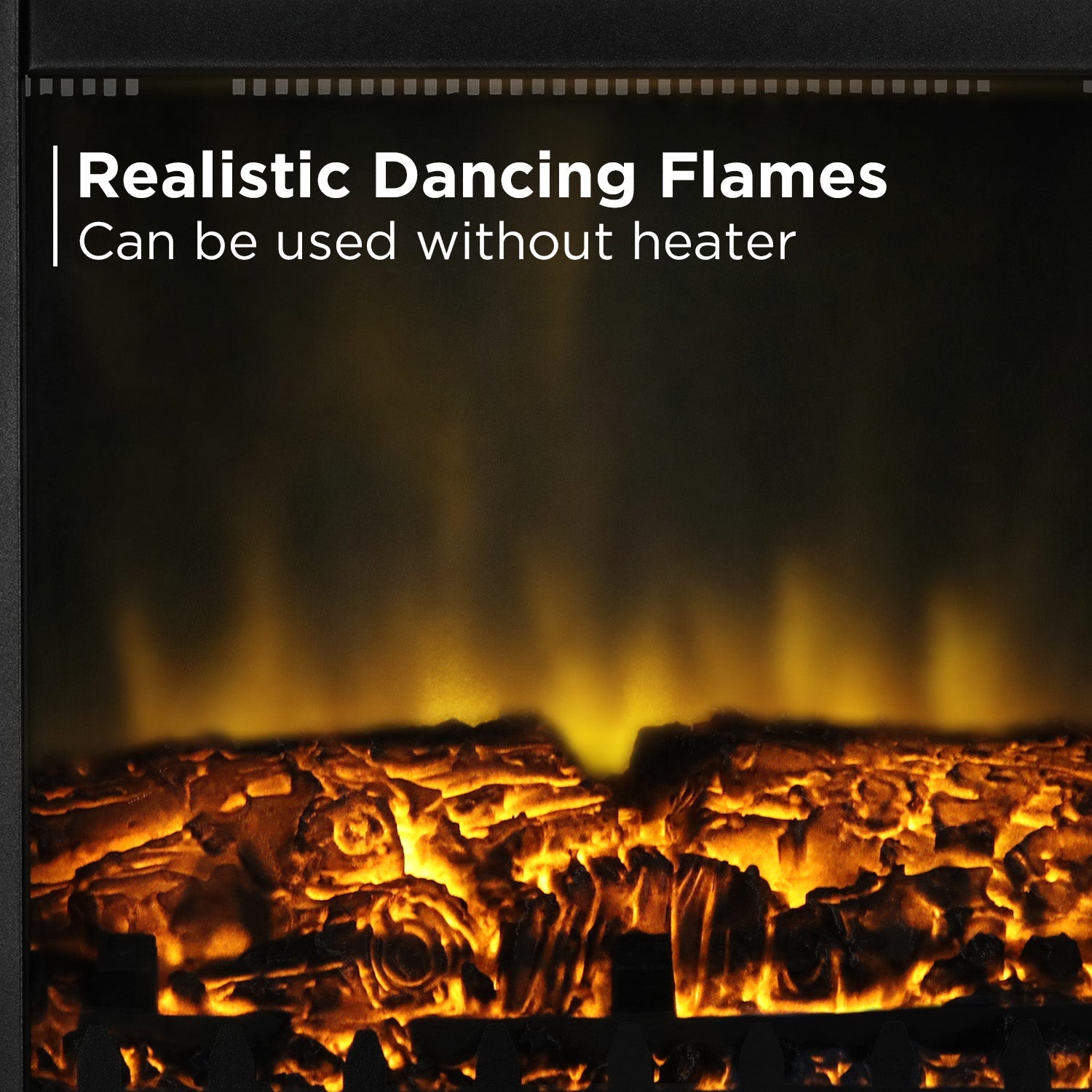 Close-up of orange and yellow flame effect behind the fireplace glass front