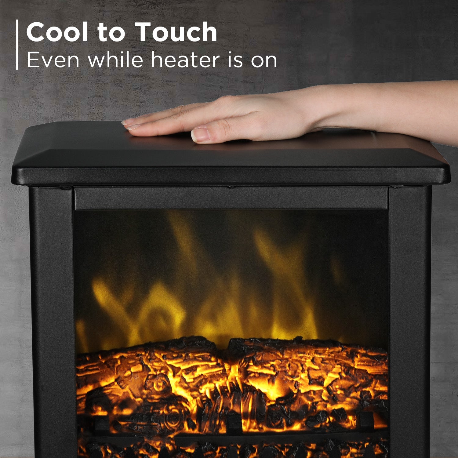 Black electric fireplace top panel with hand resting on lid, glass flame window below