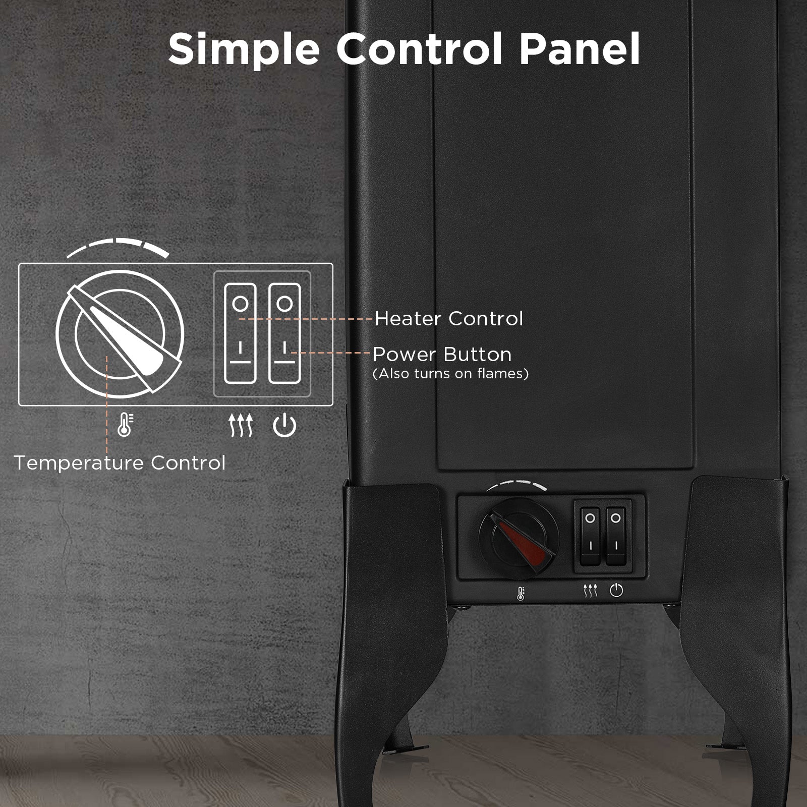 Electric fireplace control panel on black stove base with temperature and power controls