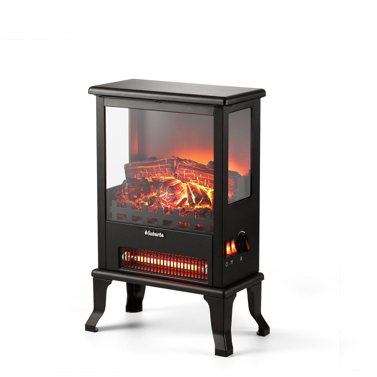 Black electric fireplace stove heater with panoramic three-sided glass view and LED flames