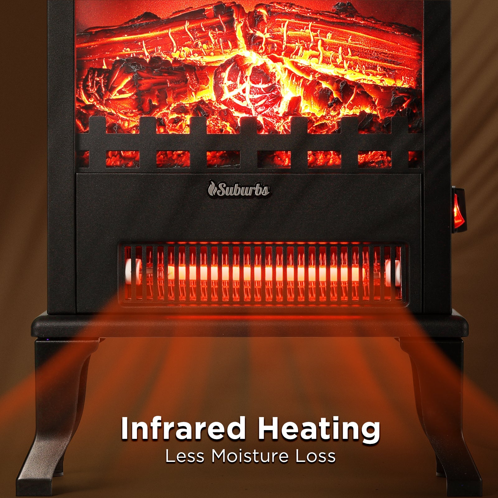 Black electric fireplace stove heater front view with glowing LED flames and ember bed