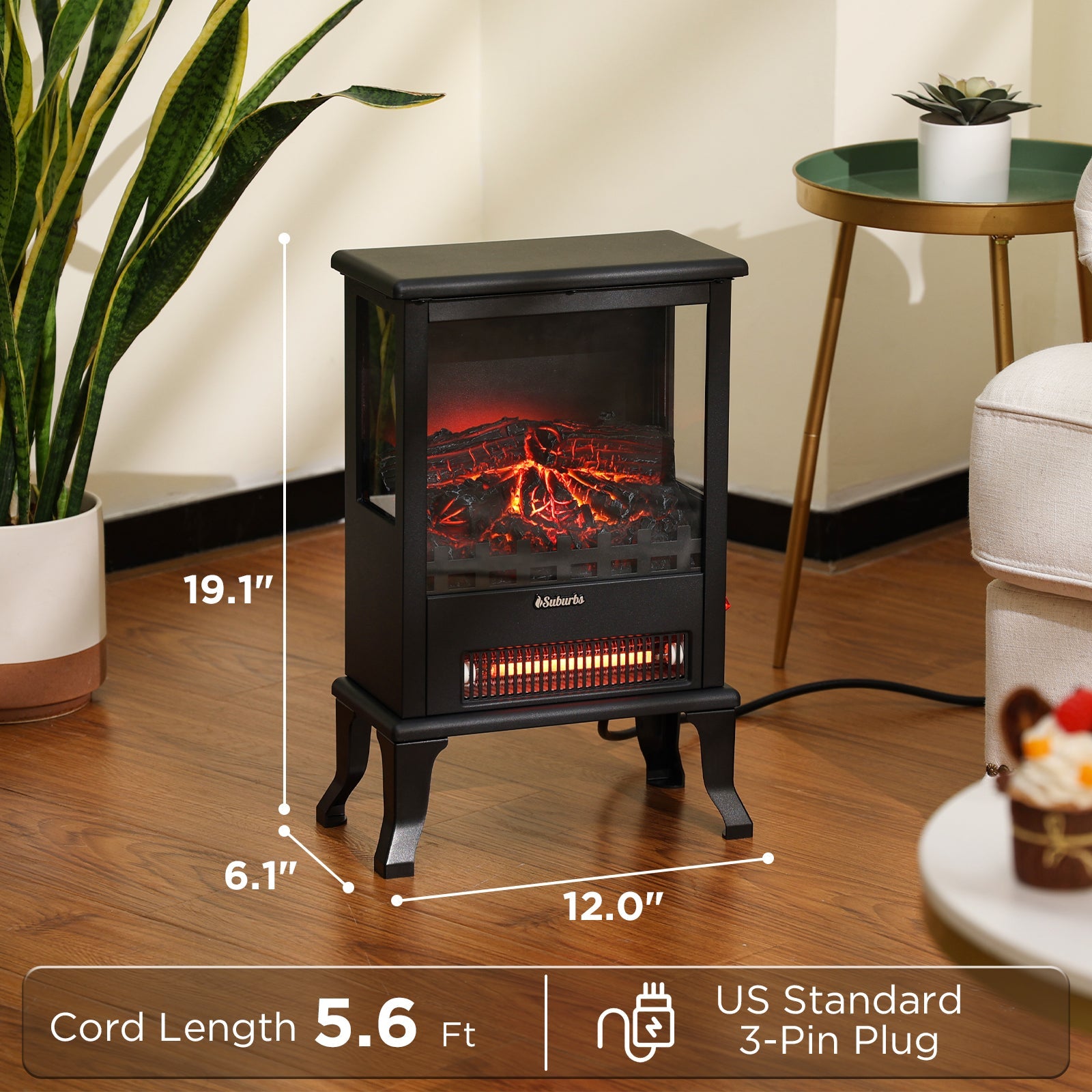 Black electric fireplace stove heater on short legs with three-sided glass and LED flames