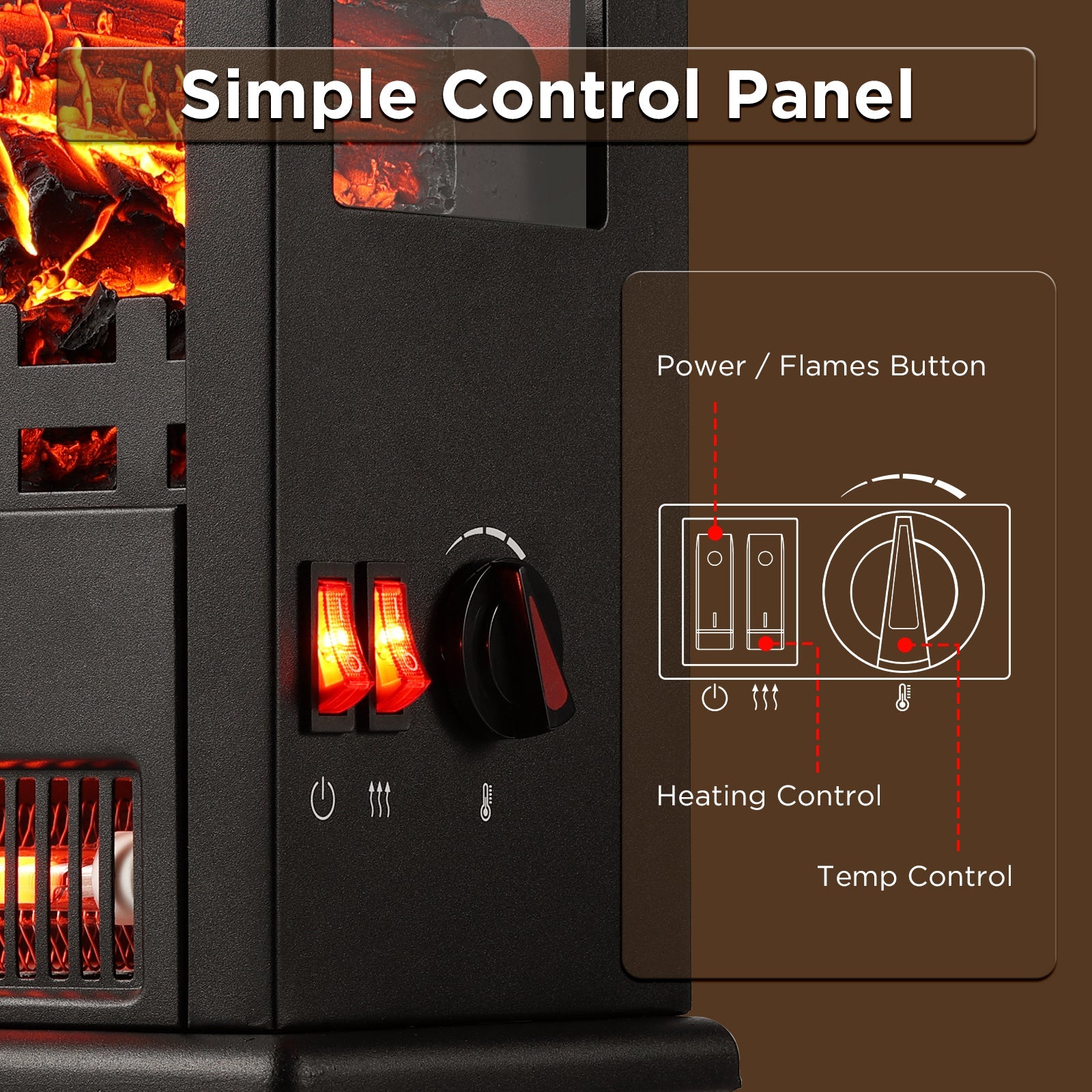 Black electric fireplace stove heater control panel with power and heating temperature knobs