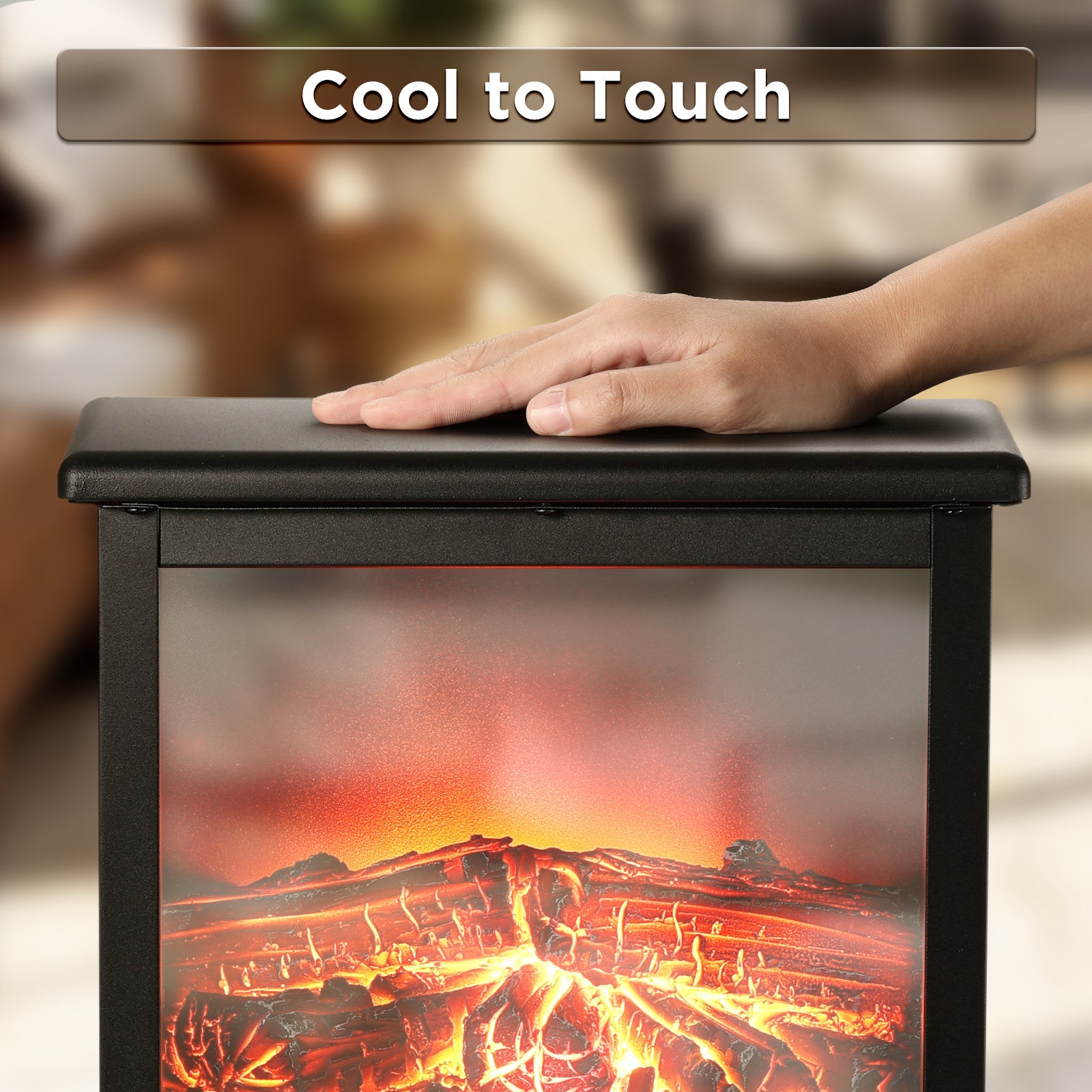 Black electric fireplace stove heater top with hand, cool-to-touch design and LED flame view