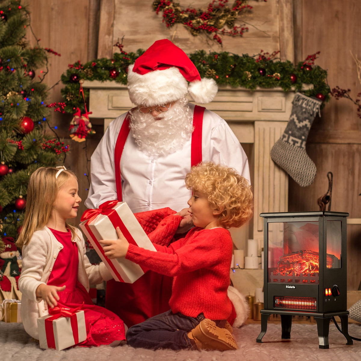 Black electric fireplace stove heater with three-sided window and LED flames beside gifts