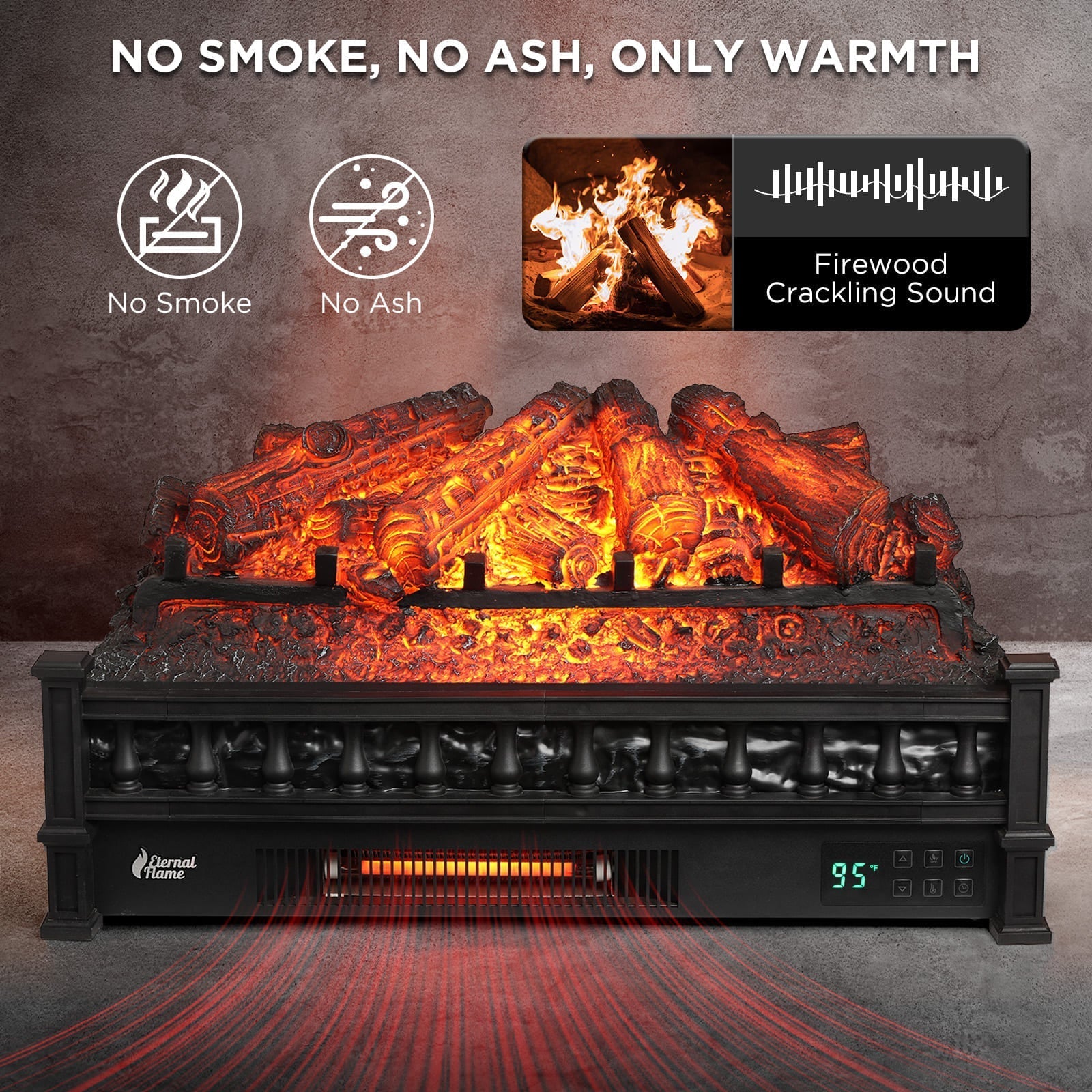 Black electric fireplace with glowing log bed, front controls and vent grille