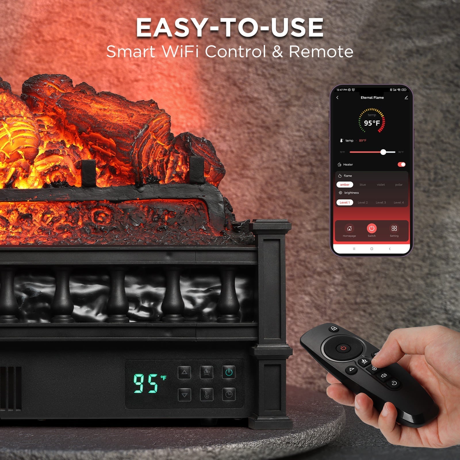Black electric fireplace with glowing log bed, remote in hand and phone app interface