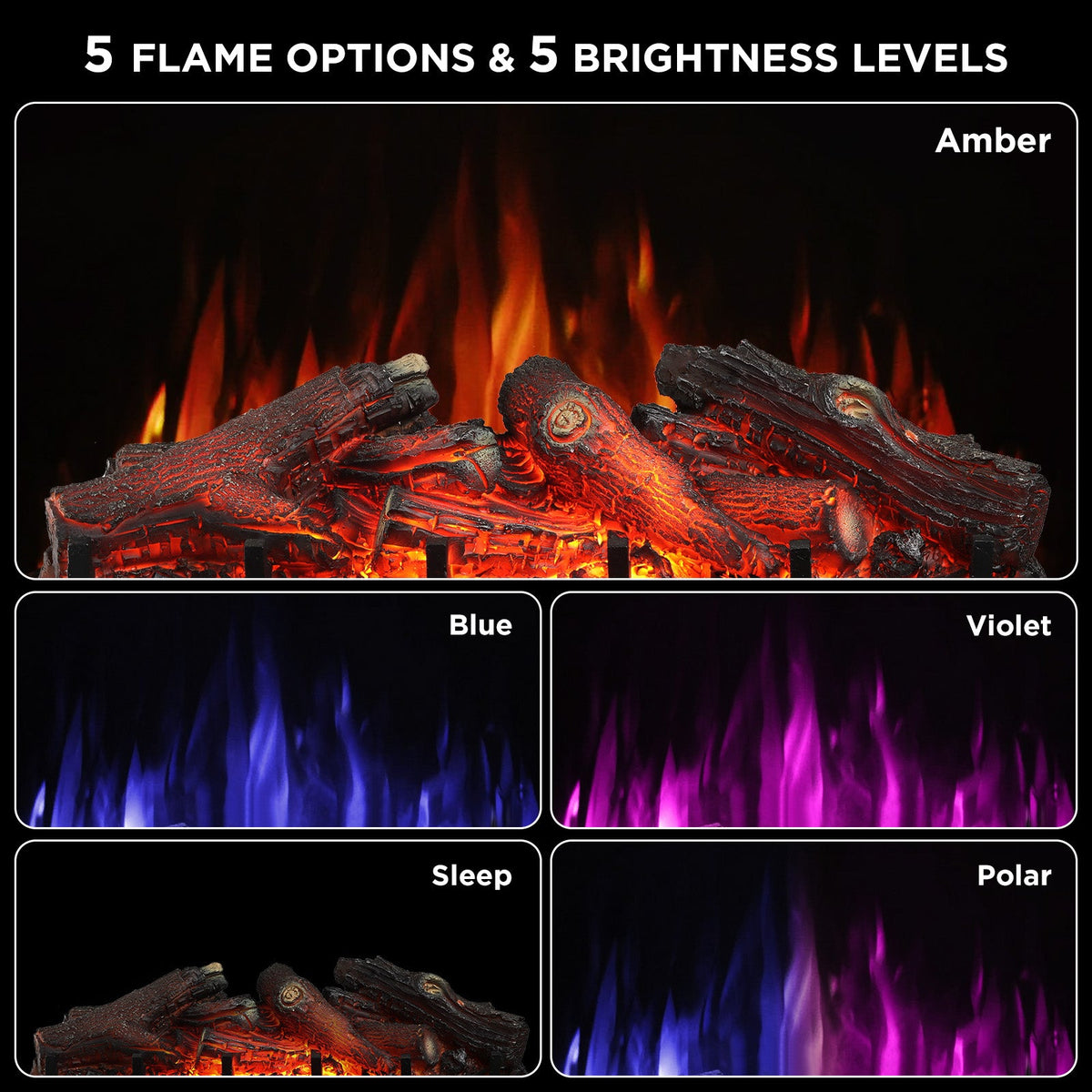 Electric fireplace log flames in multiple colors: amber, blue, violet, sleep, polar