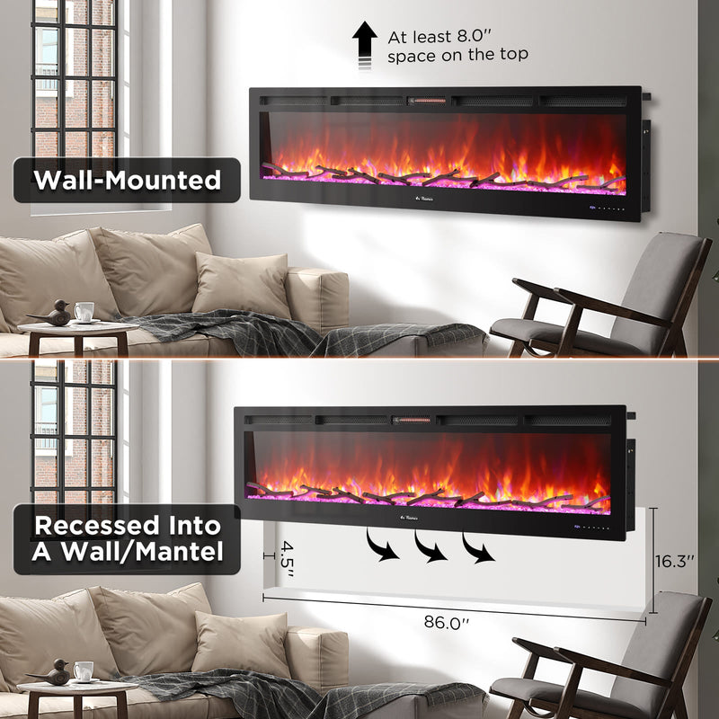 TURBRO In Flames INF88W-3D WiFi Smart Wall Mounted Electric Fireplace, 1500W Infrared Quartz Heating - Tempered Glass (707-98-188A)