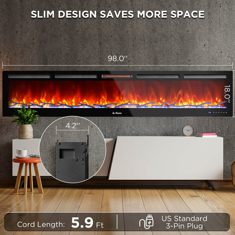 TURBRO In Flames INF98W-3D WiFi Smart Wall Mounted Electric Fireplace, Tempered Glass, 1500W Infrared Quartz Heating (707-98-189A)