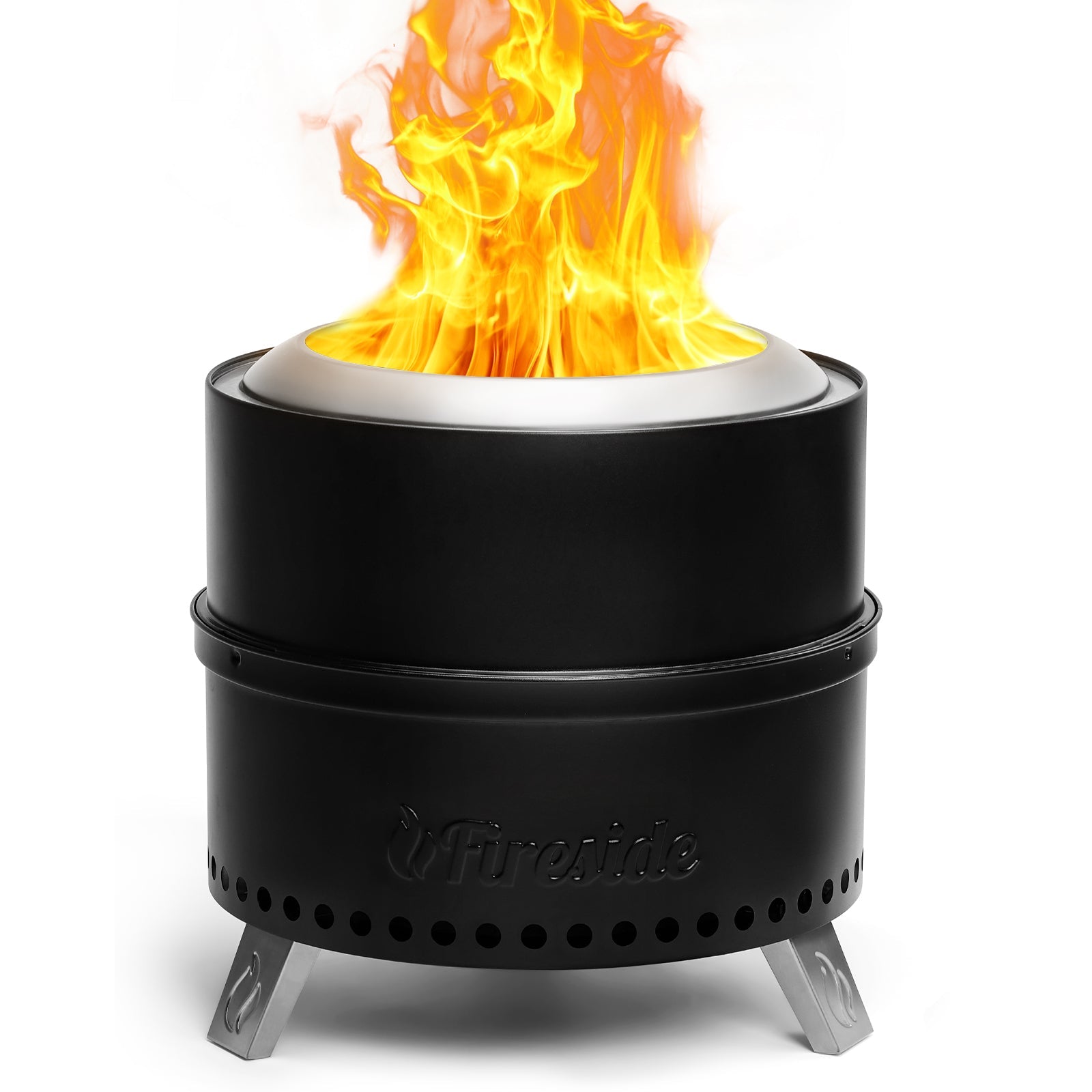 Black smokeless fire pit burning flame with perforated base and foldable legs