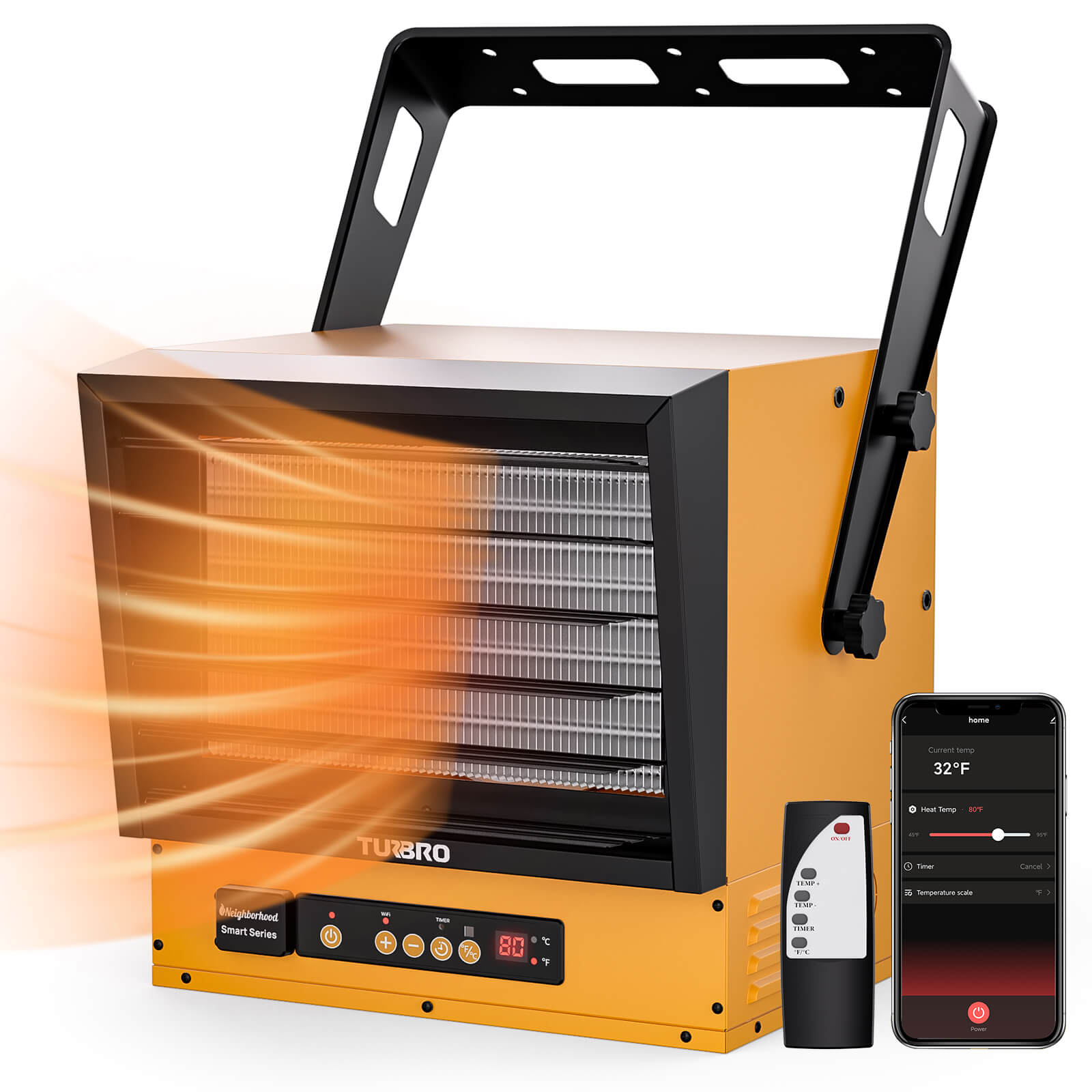 WiFi-enabled garage heater, orange body with black front grille and base control panel