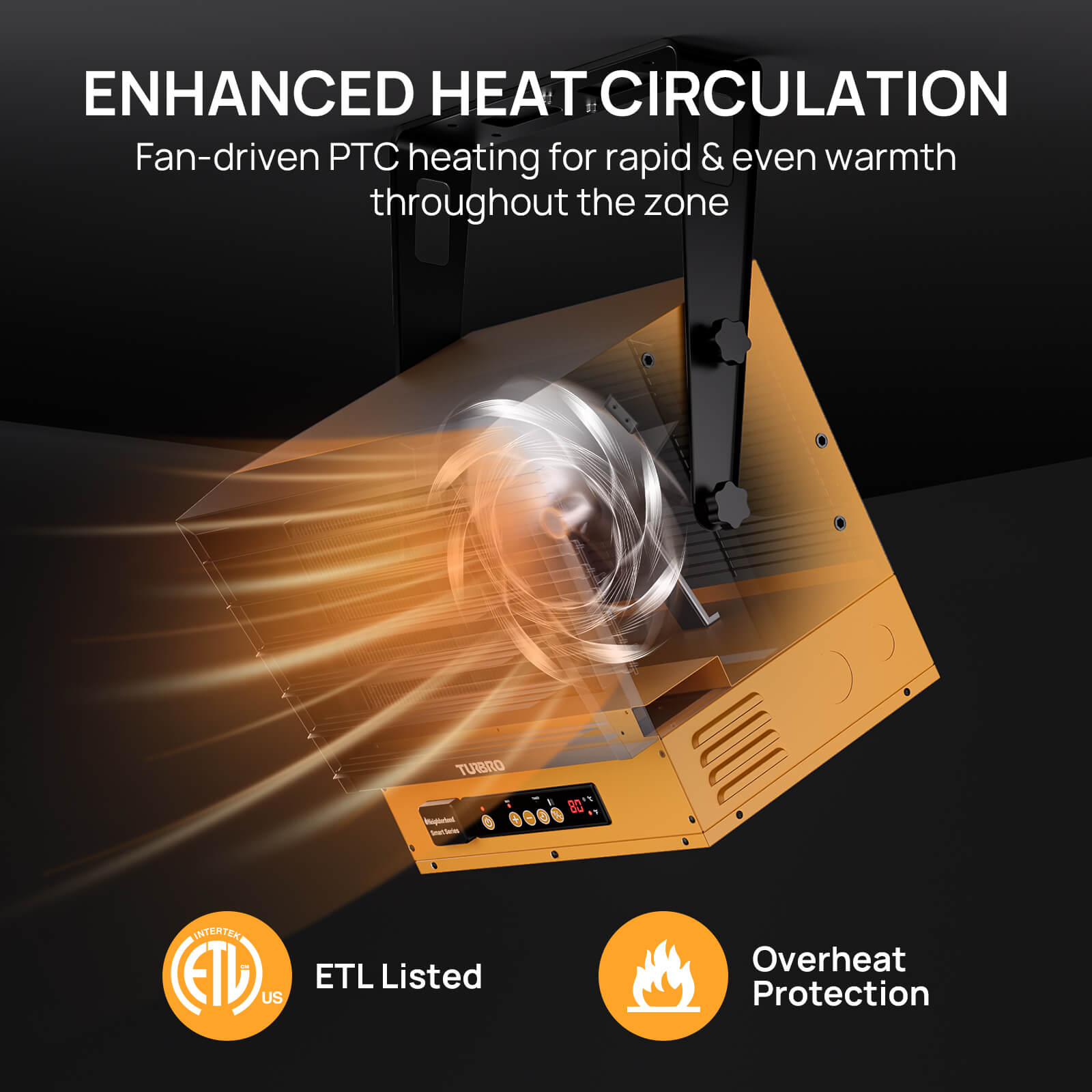 WiFi-enabled garage heater with fan-driven heat vents, orange and black body