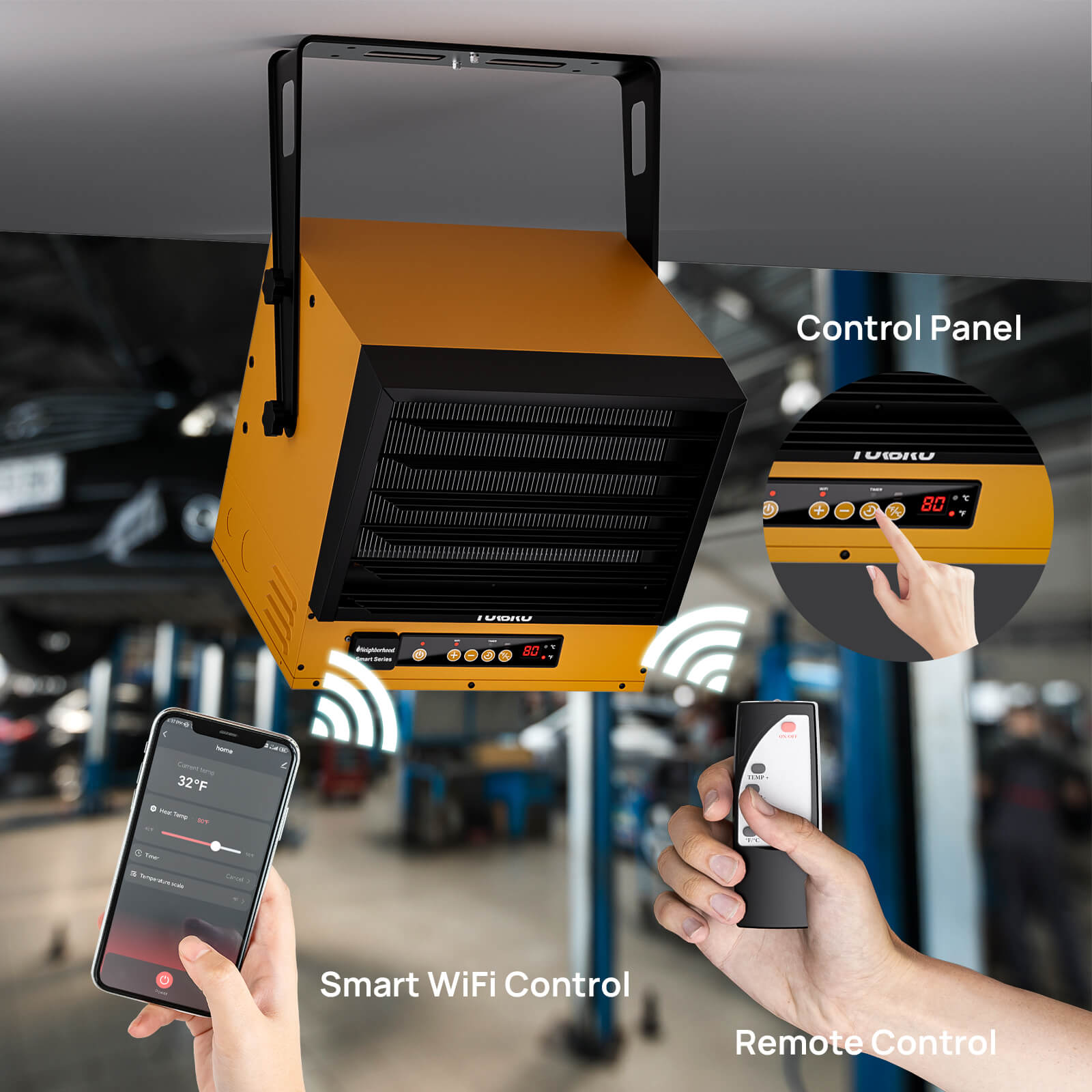 WiFi-enabled garage heater with control panel; phone and remote control shown