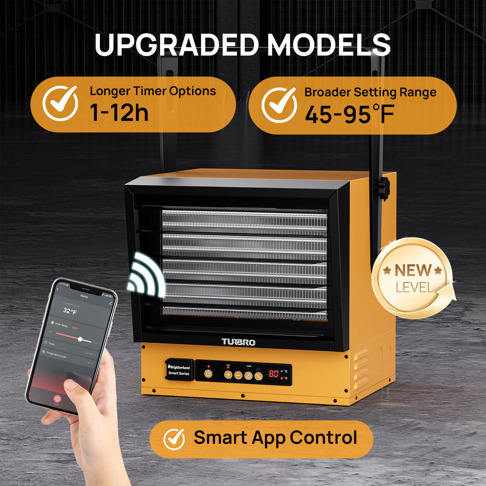 WiFi-enabled garage heater with smartphone app control, orange and black front