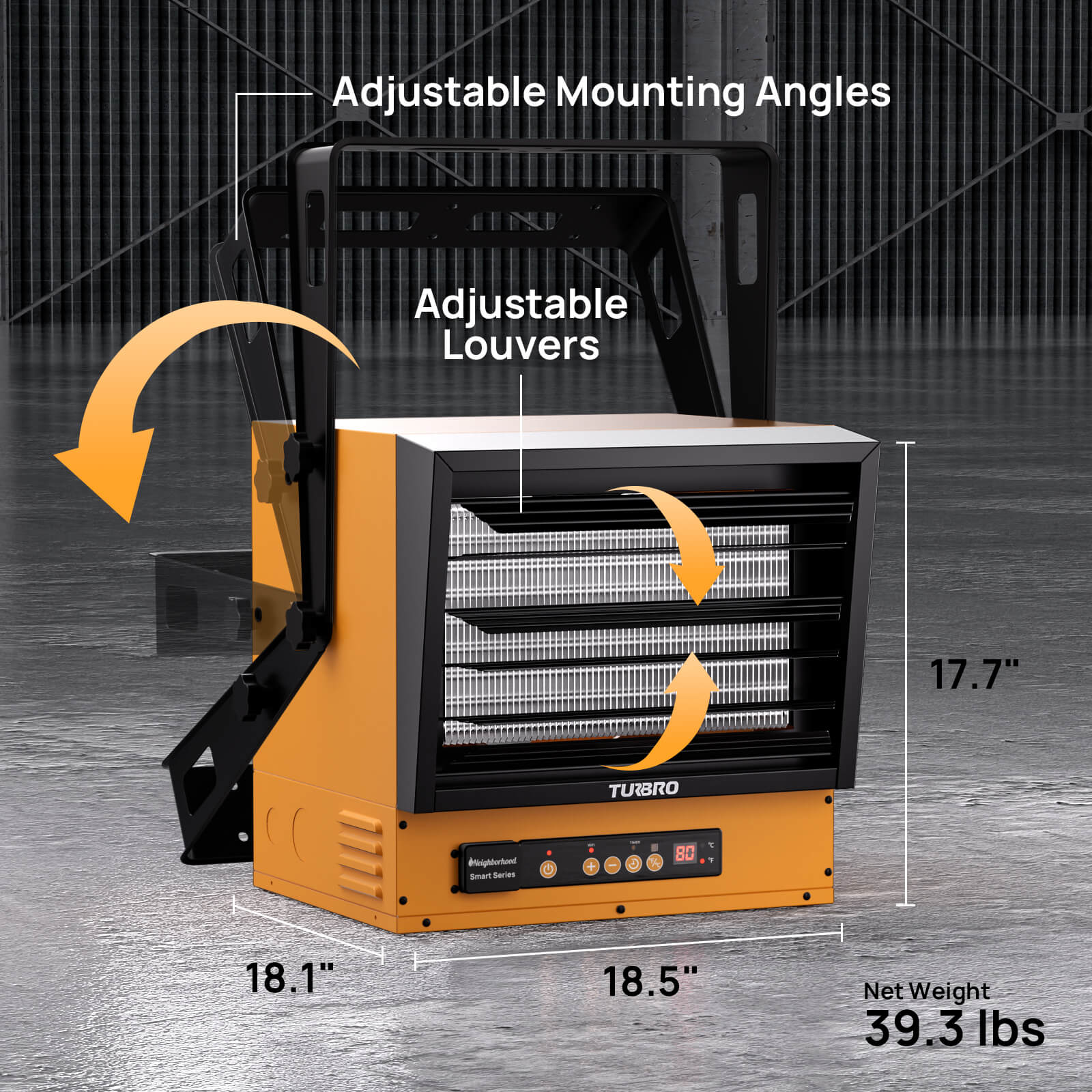 Orange garage heater with adjustable mounting angles and louvered vents, black grille