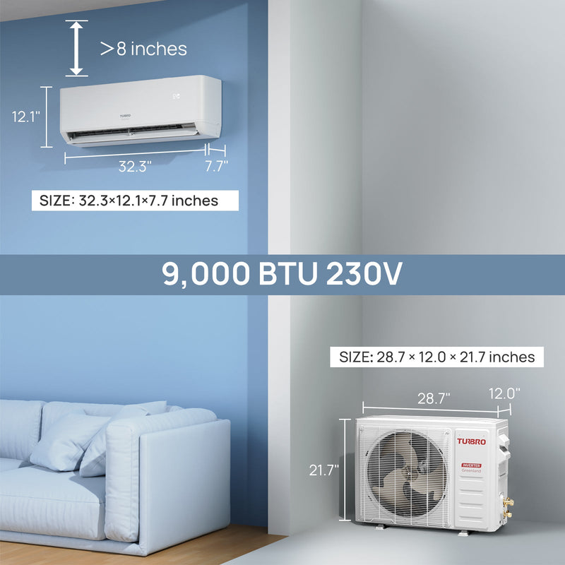 TURBRO Greenland 9,000 BTU Mini Split Air Conditioner with Heat Pump and 16 Ft. Line Set, WiFi Ductless