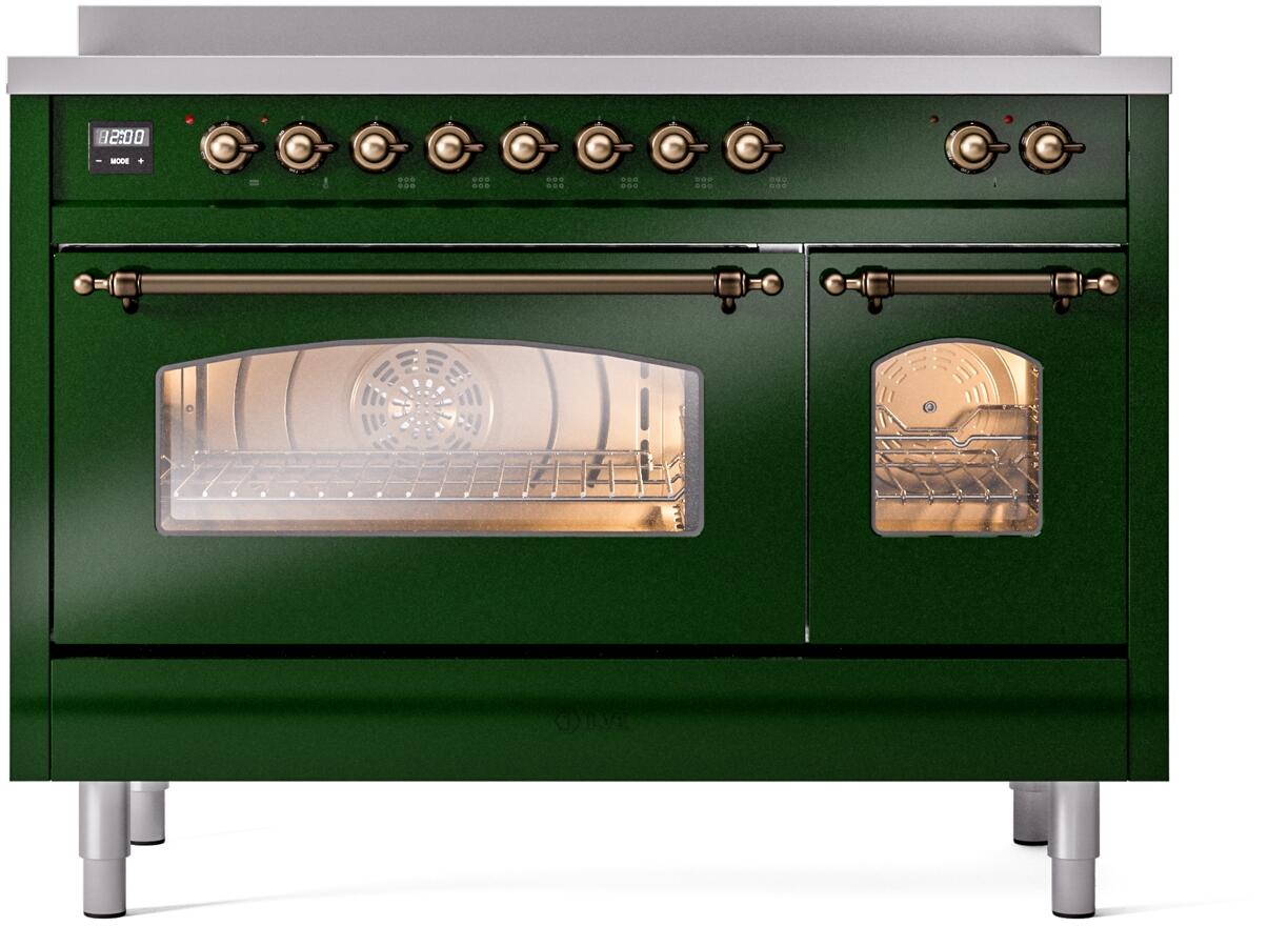 Emerald green electric induction range with bronze-trim controls and oven window