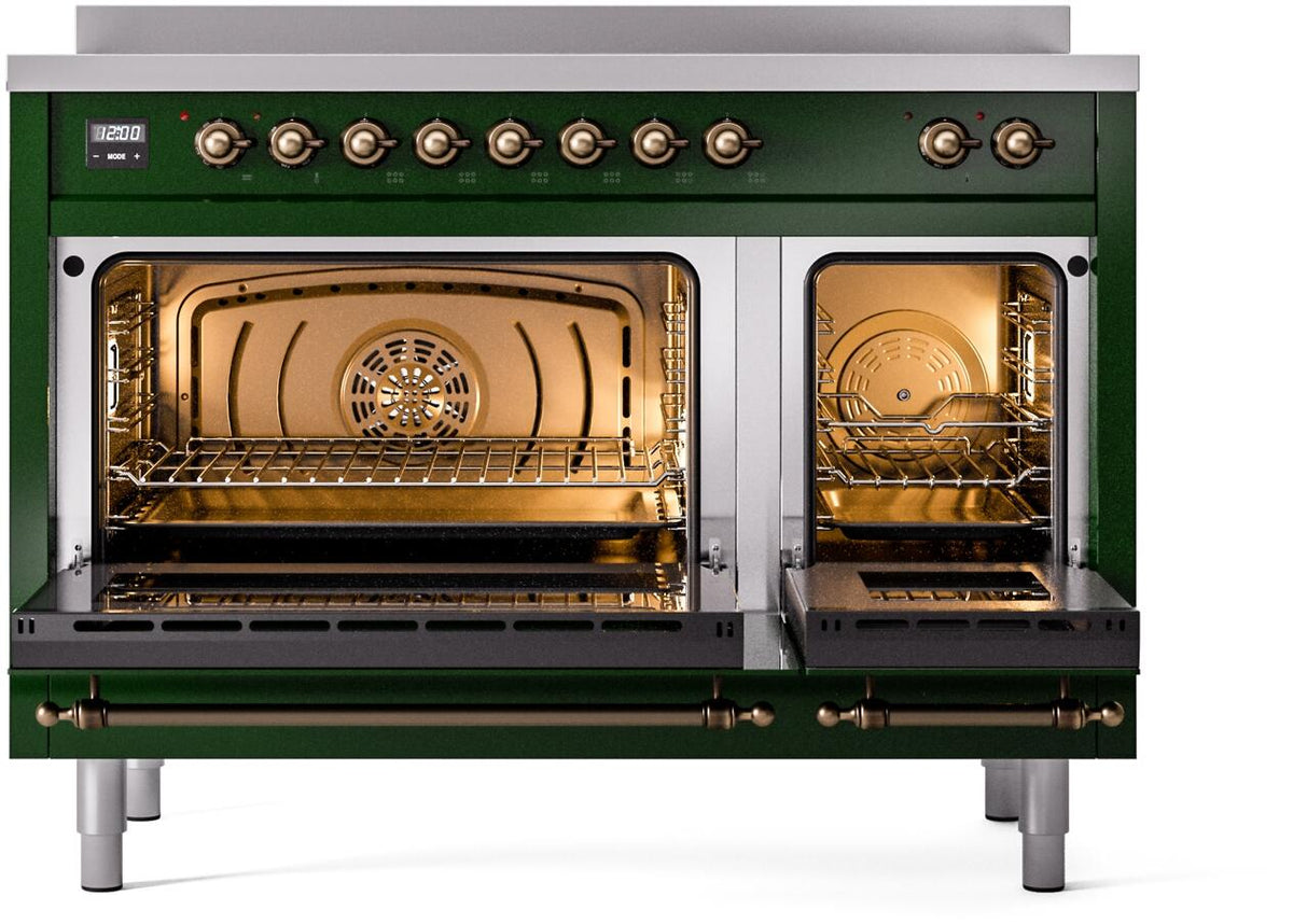 Emerald green induction range with open oven door, dual racks, and bronze interior